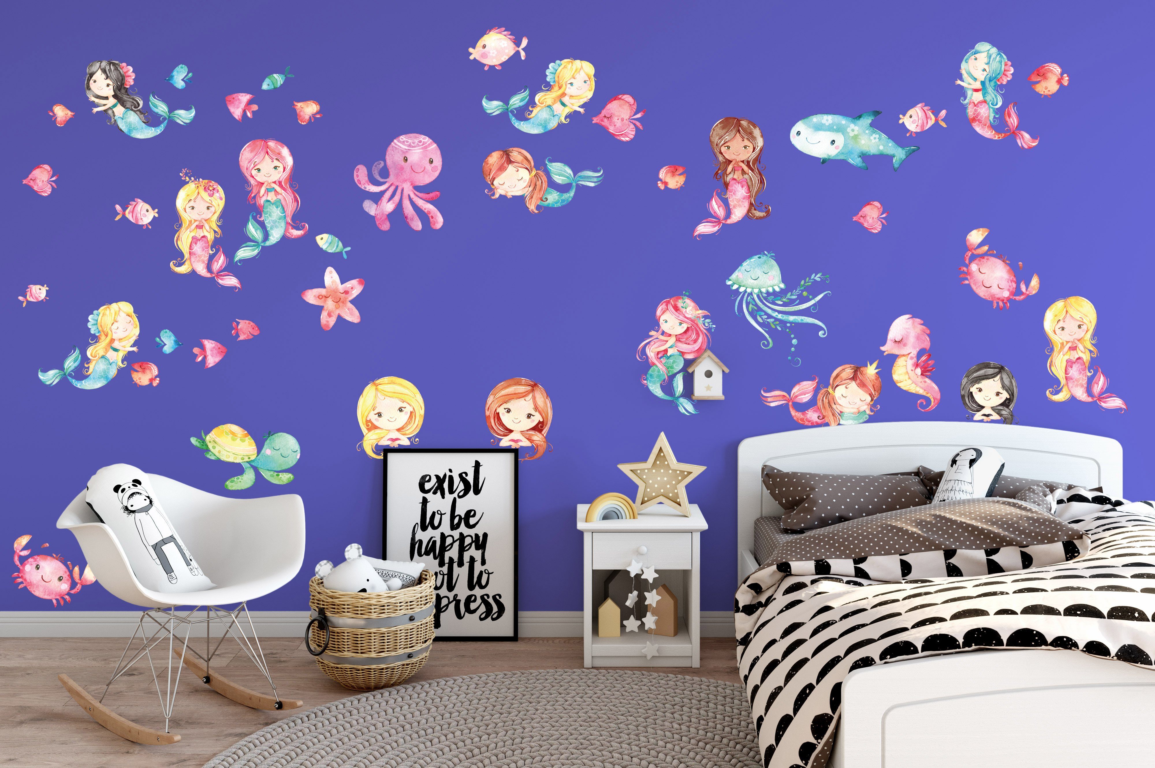 Sunnywall Wandtattoo XXL Wandtattoo Meerjungfrauen Set Kinderzimmer Unterwasserwelt