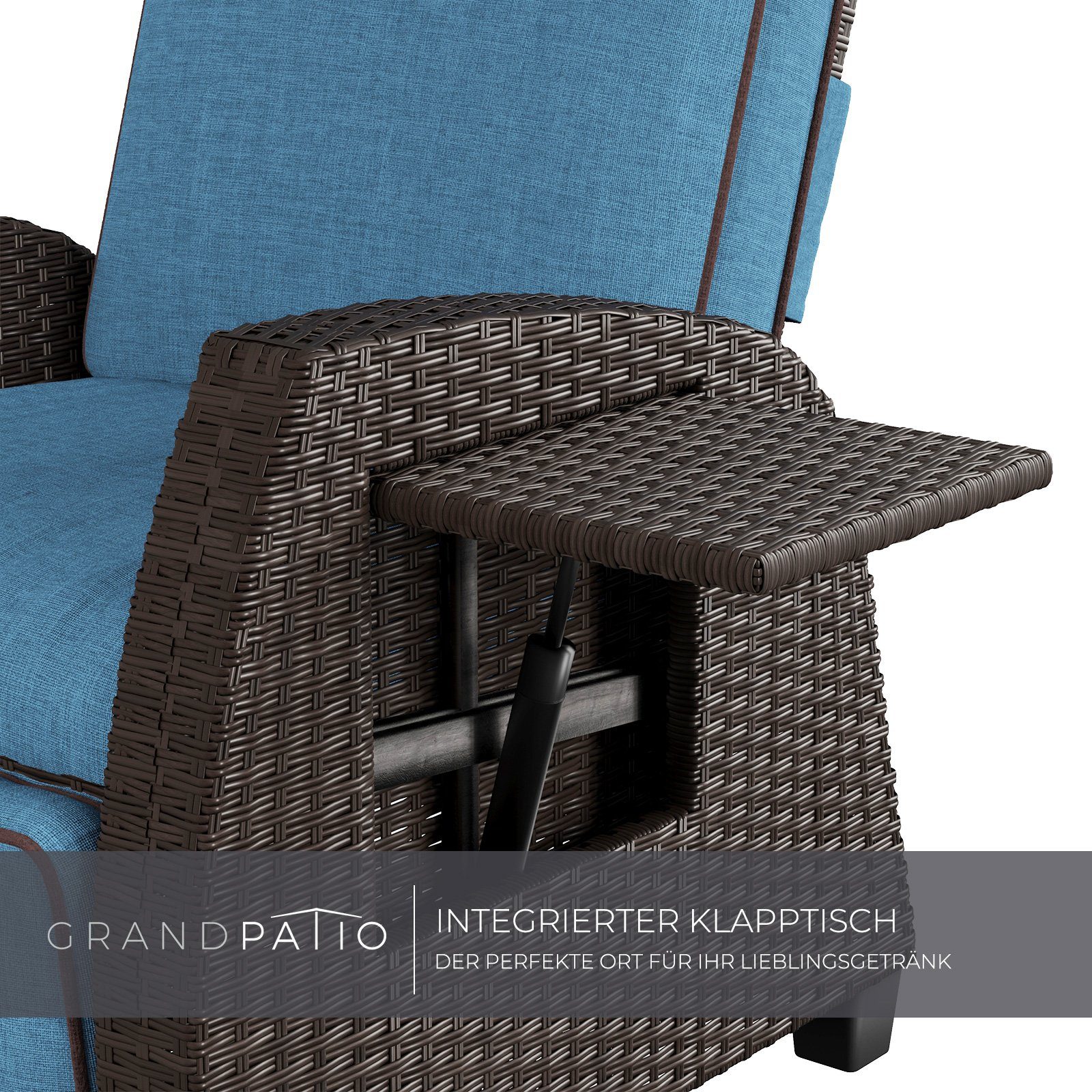 Grand patio Gartensessel PE-Rattan, Sitzkissen, Blau Grad mit mit | 150 einstellbar Dunkelbraun Beistelltisch, Rückenlehne aus