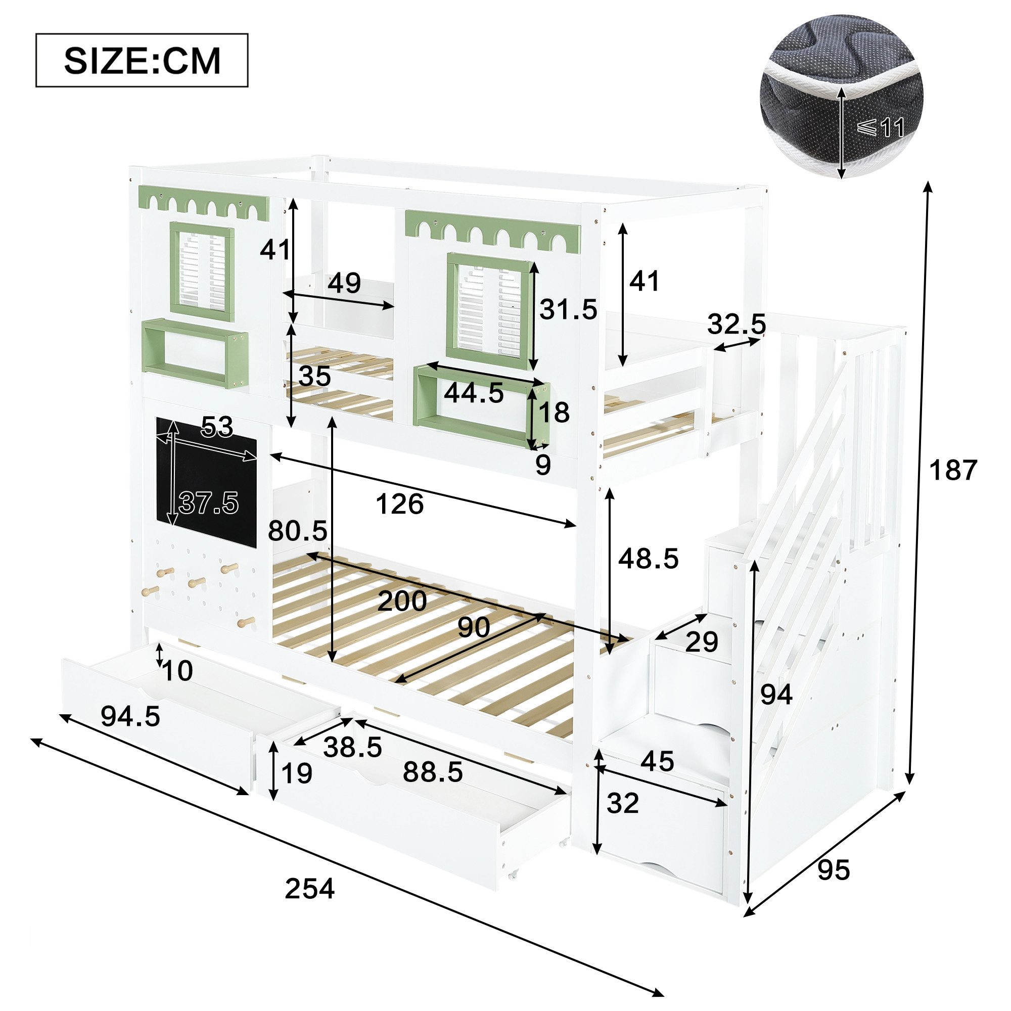 Merax Etagenbett 90x200cm mit Fenster Design (Jugendbett Hausbett Stockbett Doppelbett, 1-St), Kiefernholz Kinderbett mit 2 Schubladen, Stauraumtreppe, Tafel &  – Bild 5 von 5