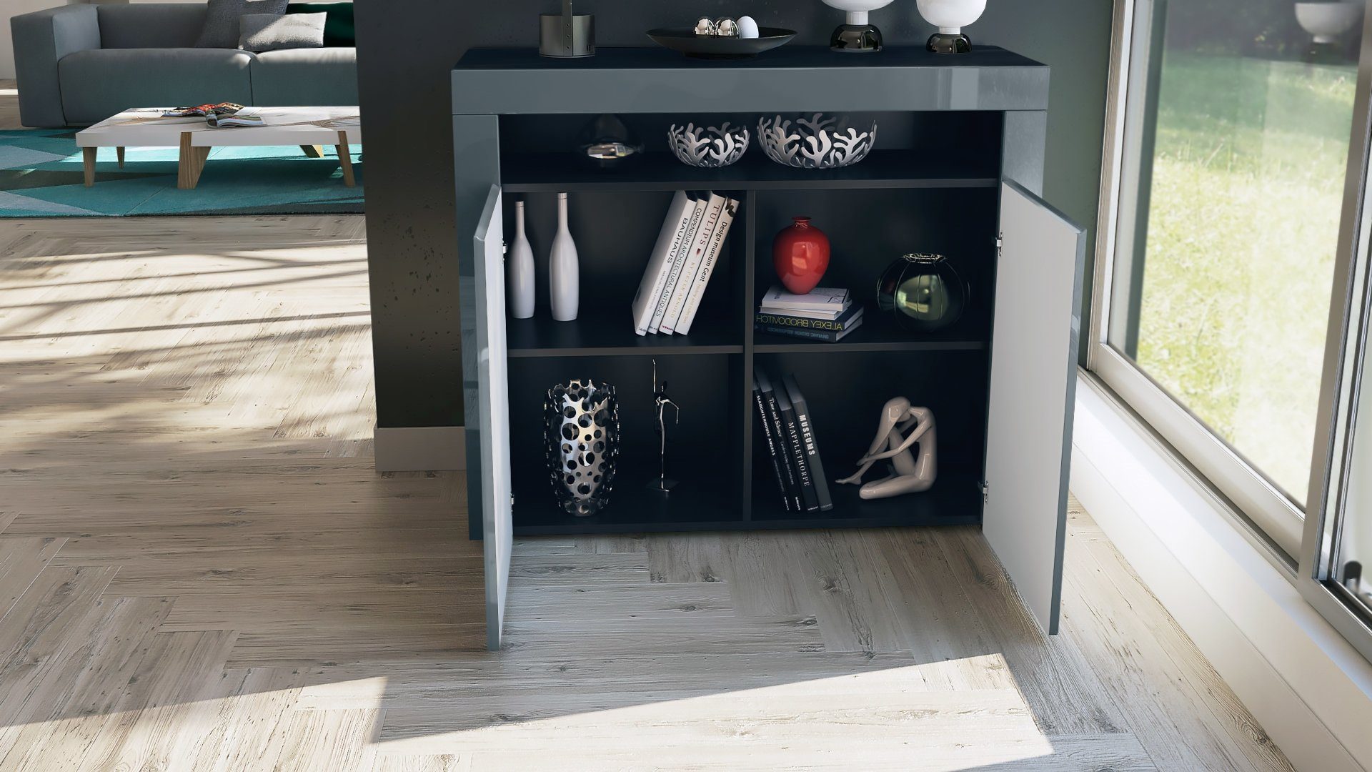 Vladon Kommode Valencia (Kommode, Sideboard mit 2 Türen und 1 offenem Fach), Schwarz matt/Eiche Natur/Eiche Natur (108 x 92 x 40 cm)