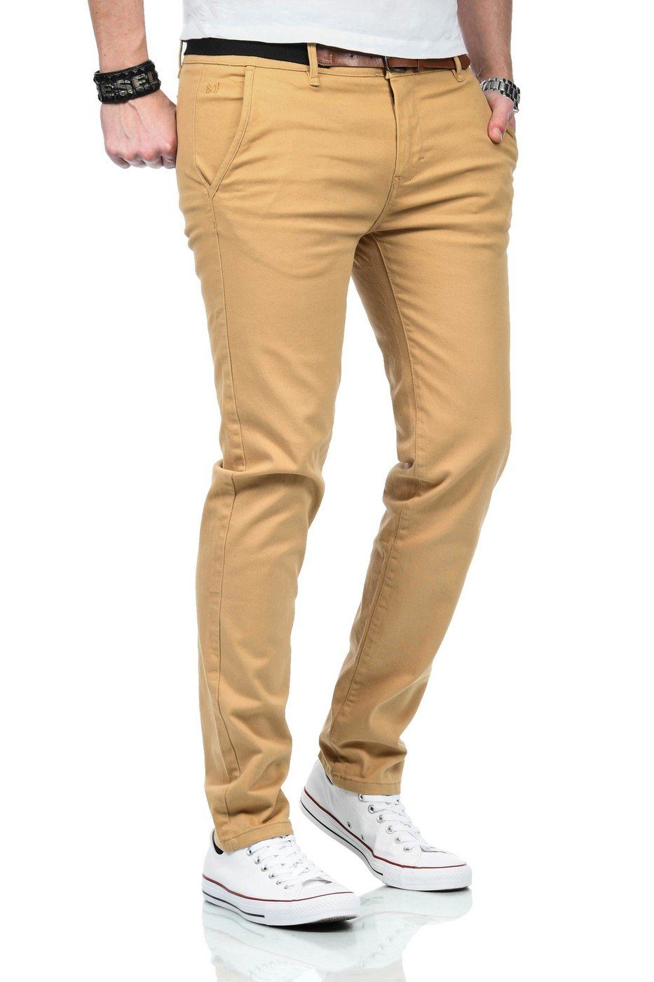 Maurelio Modriano Straight-Jeans Maurelio Modriano Herren Designer Chino Hose MM015 mit Stretchanteil und passendem Gürtel