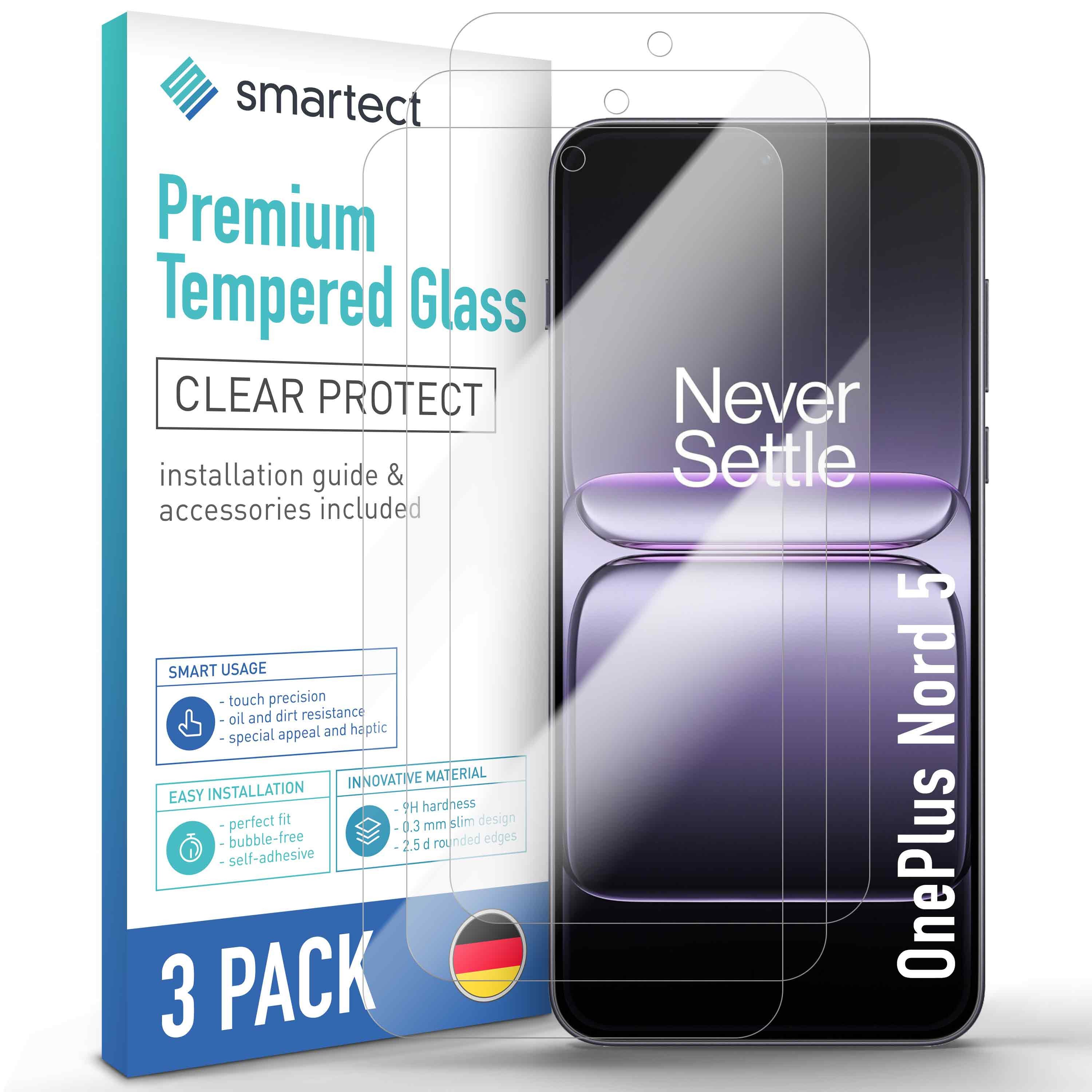 smartect Displayschutzglas 3X Schutzglas Panzerfolie Klar für OnePlus Nord 5 für OnePlus Nord 5, Set, 3 Stück, 0.3 mm Ultra-klar, 9H Härte, Kratzfest, Stoßfest, Blasenfrei, Oleophob