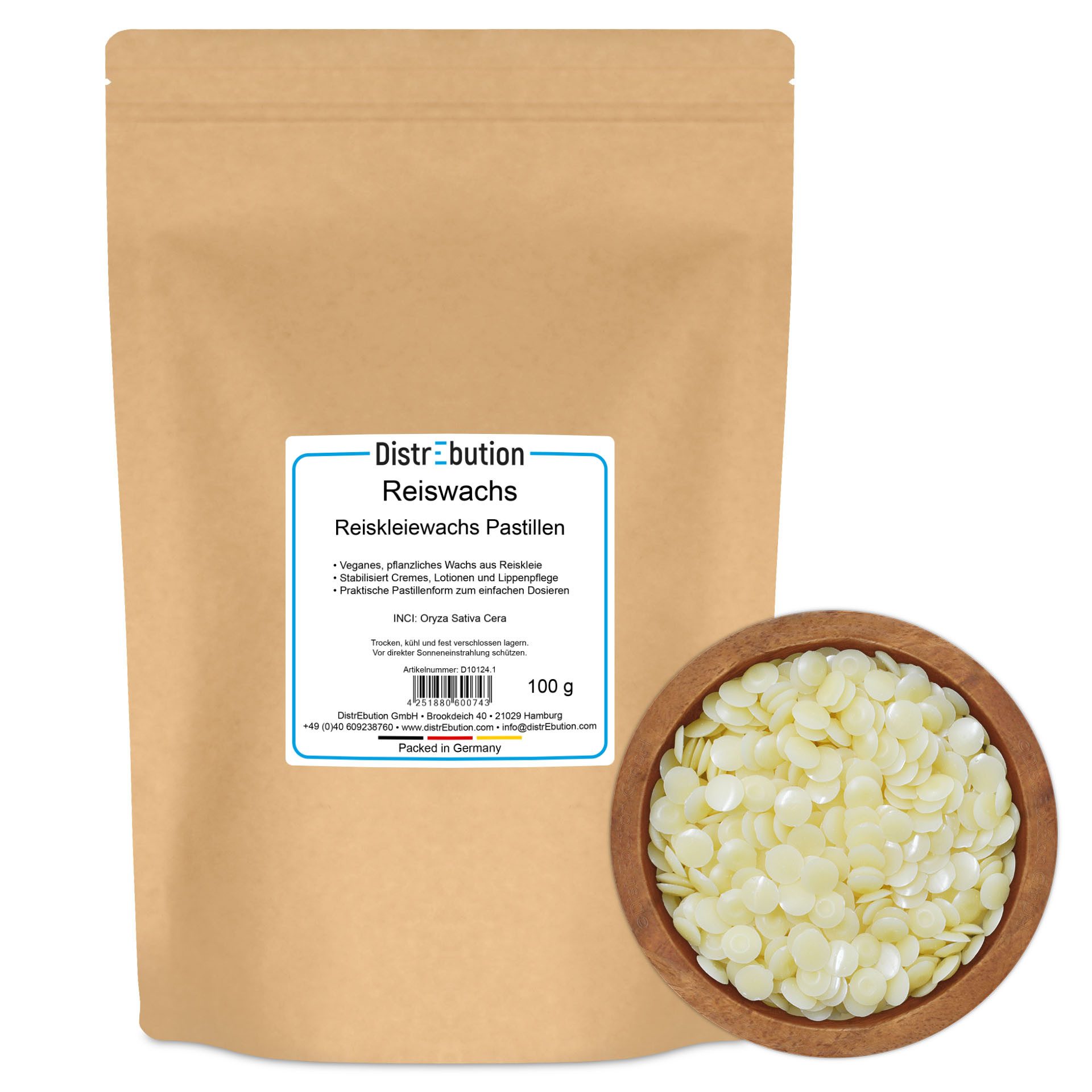 DistrEbution Kosmetik-Set Reiswachs (Reiskleiewachs) – Veganes Wachs für Naturkosmetik & DIY, Kosmetikrohstoff als Bienenwachs-Alternative für feste Pflege