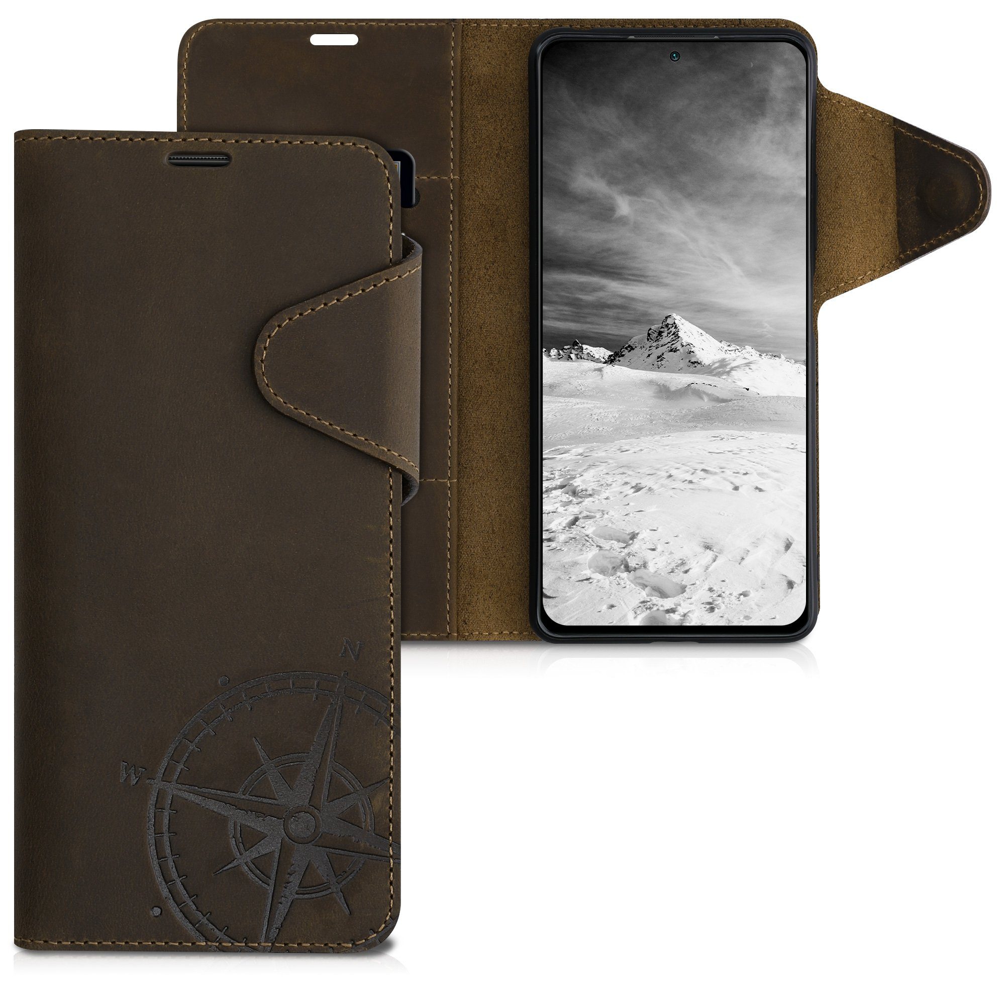 kalibri Handyhülle Hülle für Xiaomi Redmi Note 10 Pro, Leder Schutzhülle -  Handy Wallet Case Cover - Kompass Vintage Design