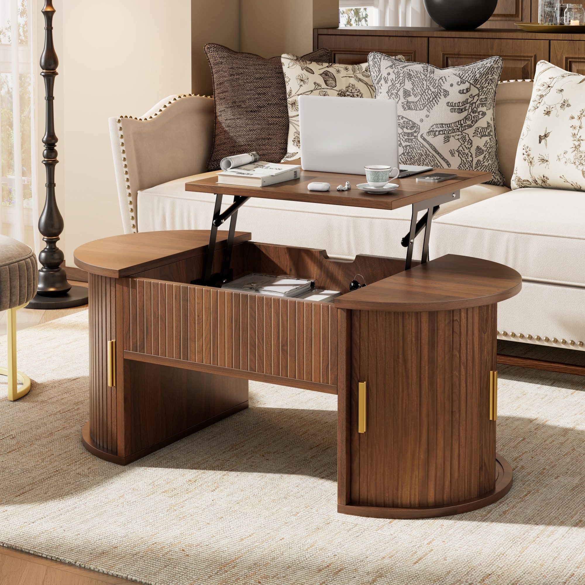 Celya Couchtisch Höhenverstellbarer mit versteckter Stauraum (mit 2 Schiebetüren, Ideal für kleine Wohnungen und Homeoffices), Geeignet für Wohnzimmer