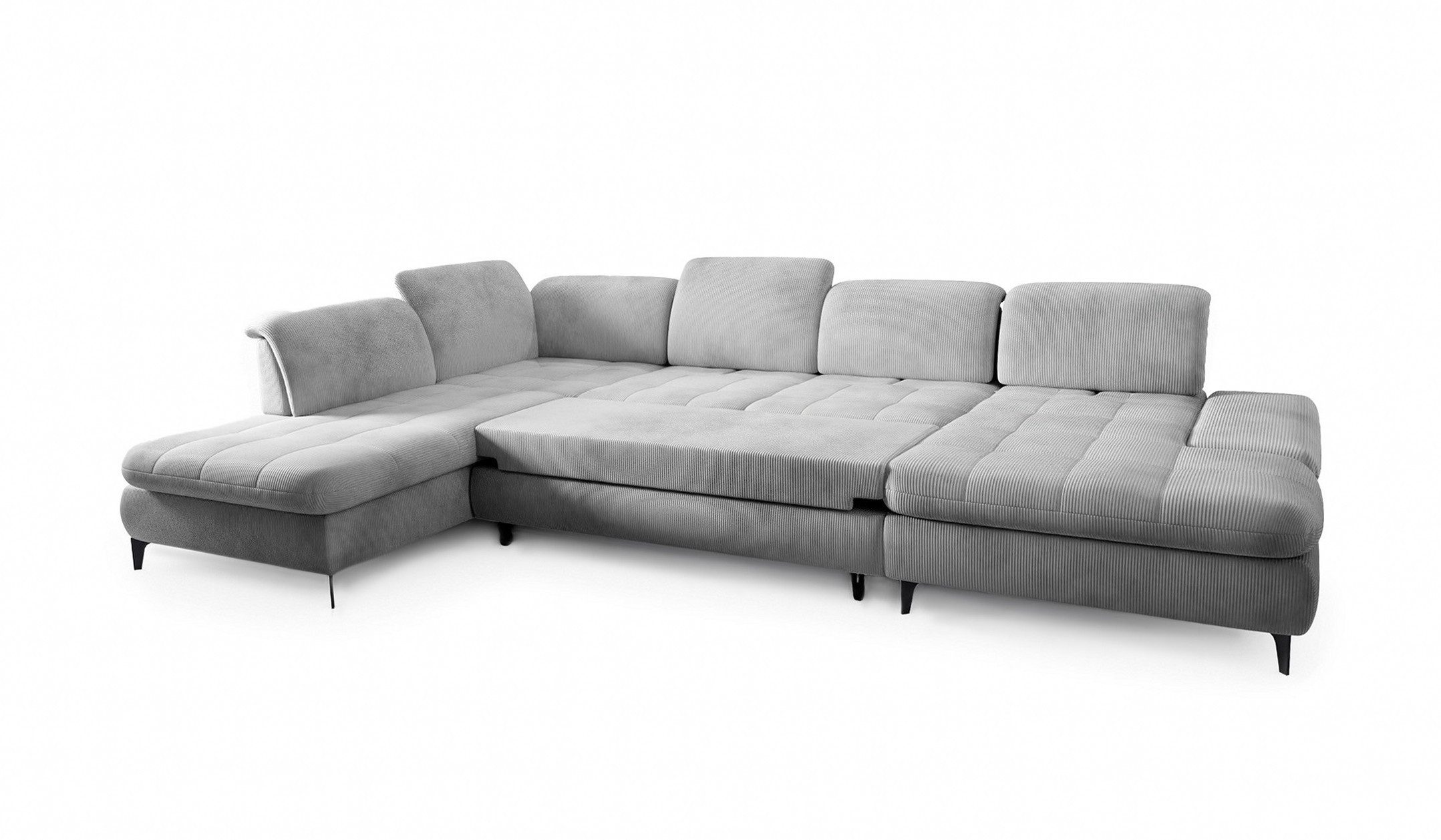 Hygger Möbelhaus Wohnlandschaft Nola U-Form XXL in Cord, mit Schlaffunktion und 2 Bettkästen, Eckcouch B × T₁ / T₂: 370 × 170/230 cm, inkl. Sitztiefenverstellung, Kopfteilverstellung, Armteilverstellung