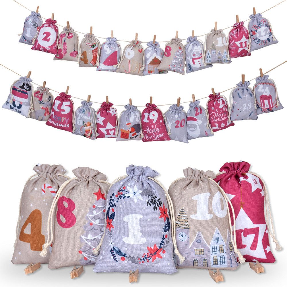 CLTYQ Adventskalender Adventskalender zum Befüllen Gedruckte Weihnachtskalender, Geschenkbeutel Selberfüllen, Weihnachtskalender mit 24 Säckchen