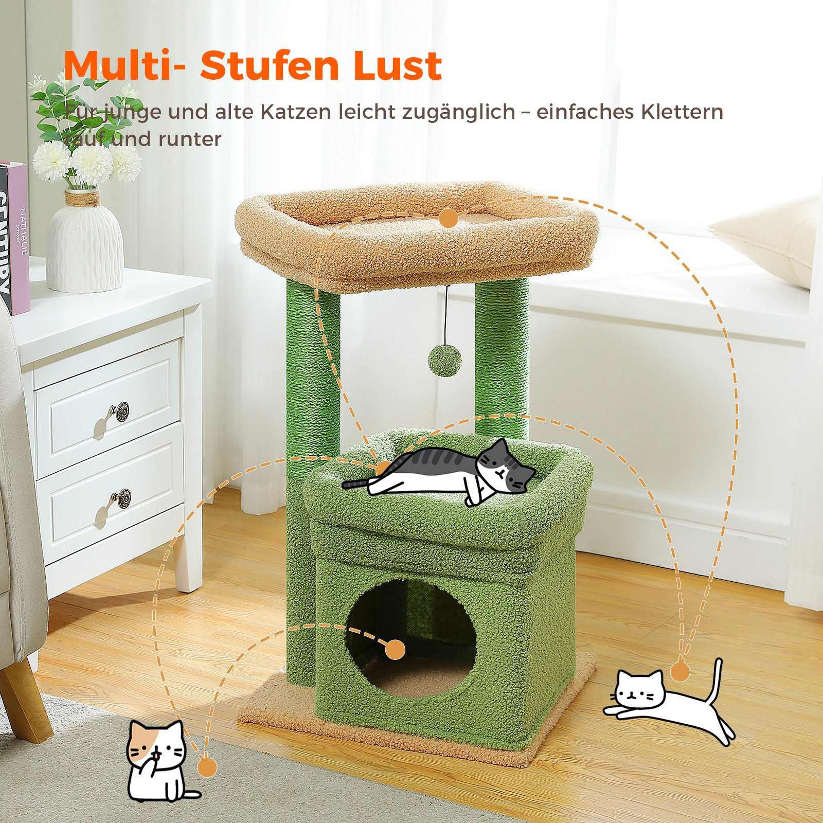 PAWZ Road Kratzbaum Kleiner Katzenbaum, mehrstöckiger Katzenturm,gemütlicher Katzenwohnung, mit Sisal-überzogenem Kratzbaum