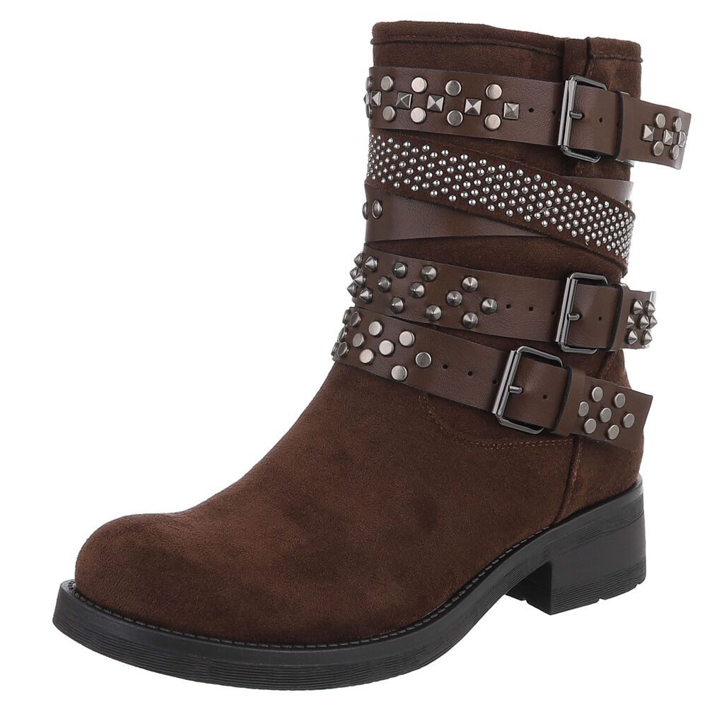 Ital-Design Rebellische Damen Boots mit Nieten und Riemen Stiefelette (90726809) Blockabsatz Western- & Bikerboots in Braun