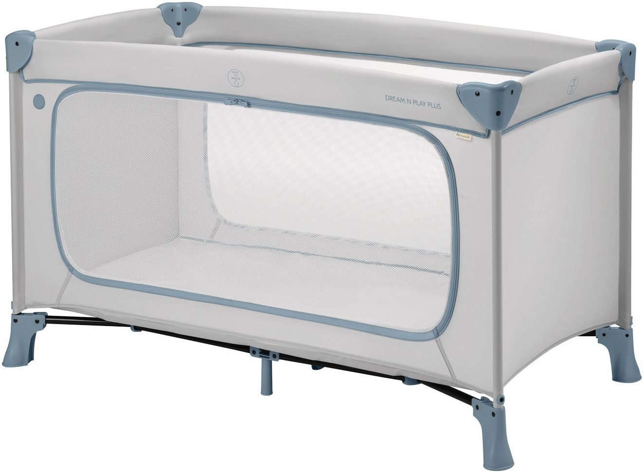 Hauck Baby-Reisebett Dream N Play Plus, Dusty Blue, Vorderausstieg