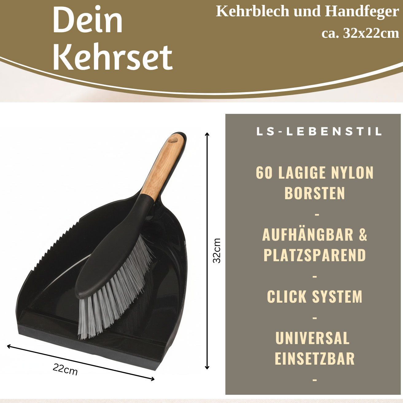 LS-LebenStil Kehrgarnitur Kehrbesen Kehrschaufel 32x22cm Schwarz Kehrset Kehrblech und Handfeger, Set, 2-teilig, Click-System, (Besen mit langem Holz Griff, 2-tlg)