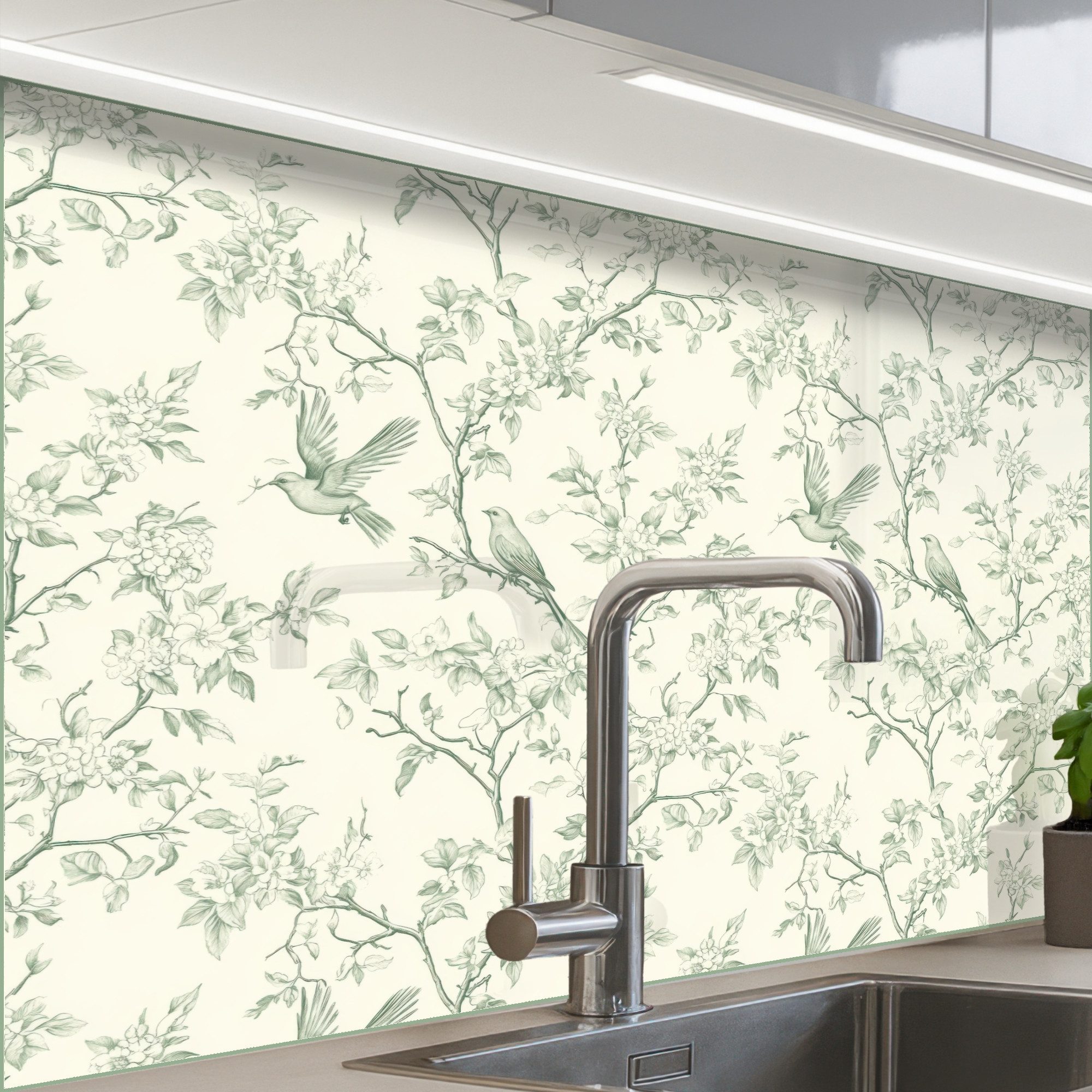 KitchenYeah Küchenrückwand Muster selbstklebend (keine Folie) Klassisch - Vögel - Grün, (1-tlg), Spritzschutz, Küche, Rückwand, Küchenwand, Küchenfront, 30x20 cm
