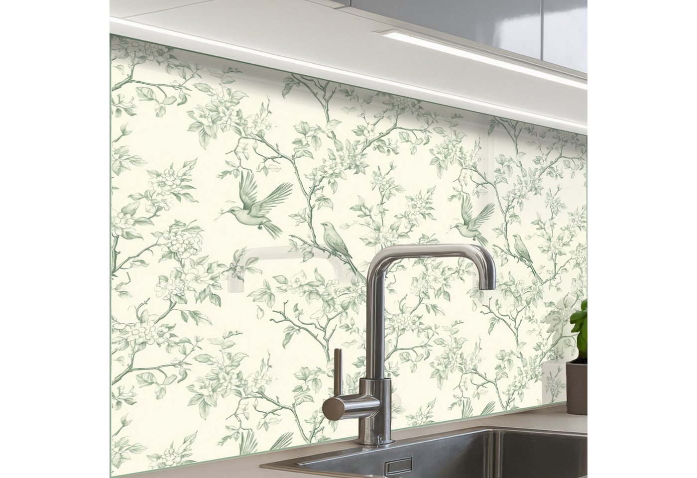 KitchenYeah Küchenrückwand Muster selbstklebend (keine Folie) Klassisch - Vögel - Grün, (1-tlg), Spritzschutz, Küche, Rückwand, Küchenwand, Küchenfront, 30x20 cm