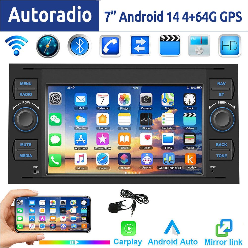 ESSGOO 7" Android 14 Für Ford Focus Transit MK7 C S-Max Fiesta Galaxy Kuga Autoradio (DAB+ (optional), FM, RDS, 2+64GB(optional), GPS Navi Carplay Android Auto Bluetooth EQ USB WIFI Touchscreen SWC)