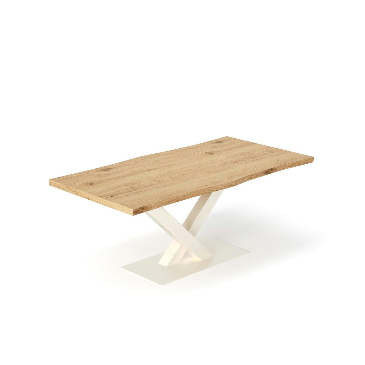 Rellgo Esstisch aus massiver Eiche – Baumkante & weißes V-Gestell – robust & edel, 4 cm starke Platte, geölte Oberfläche, markante Maserung