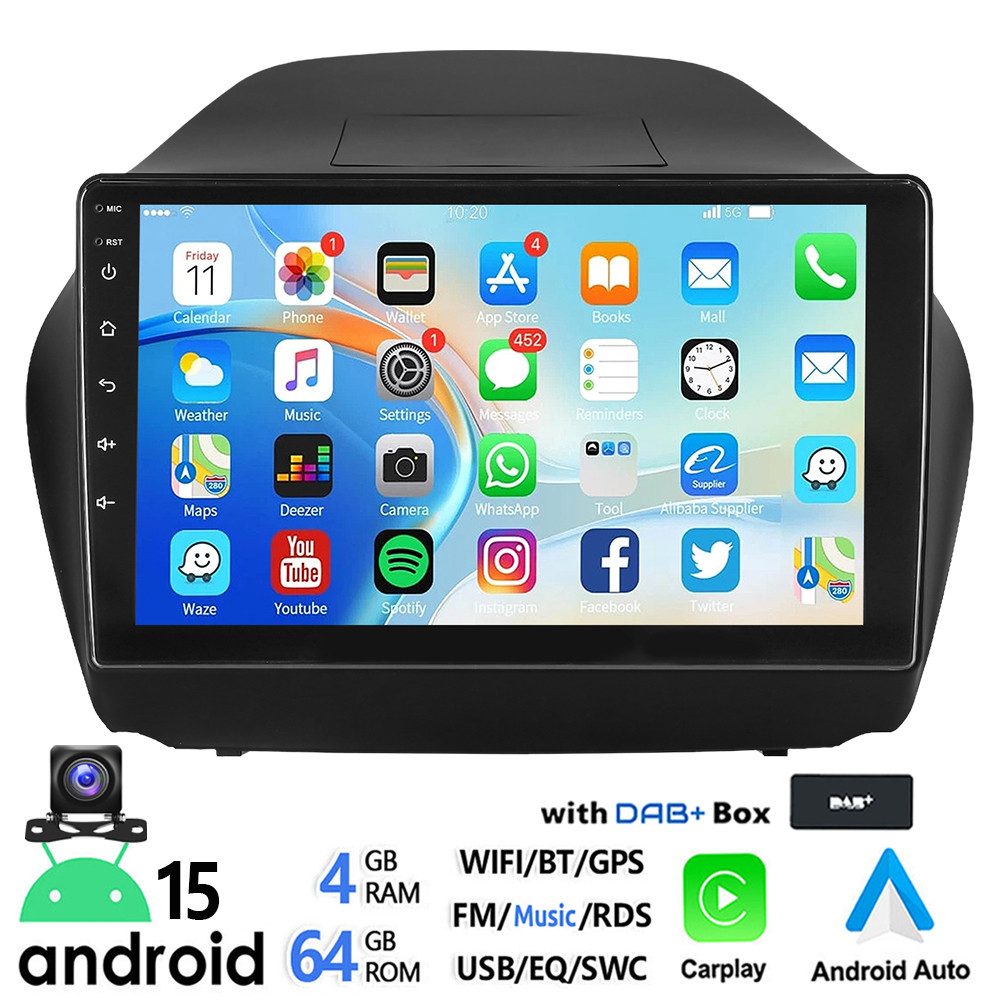 ESSGOO DAB+ 10'' Android 15 Für Hyundai iX35 10-15 Carplay Bluetooth GPS WiFi Autoradio (RDS, 4+64GB(optional), FM, AM, DAB+ (optional), Apple Carplay Android Auto GPS Navi WIFI BT EQ)