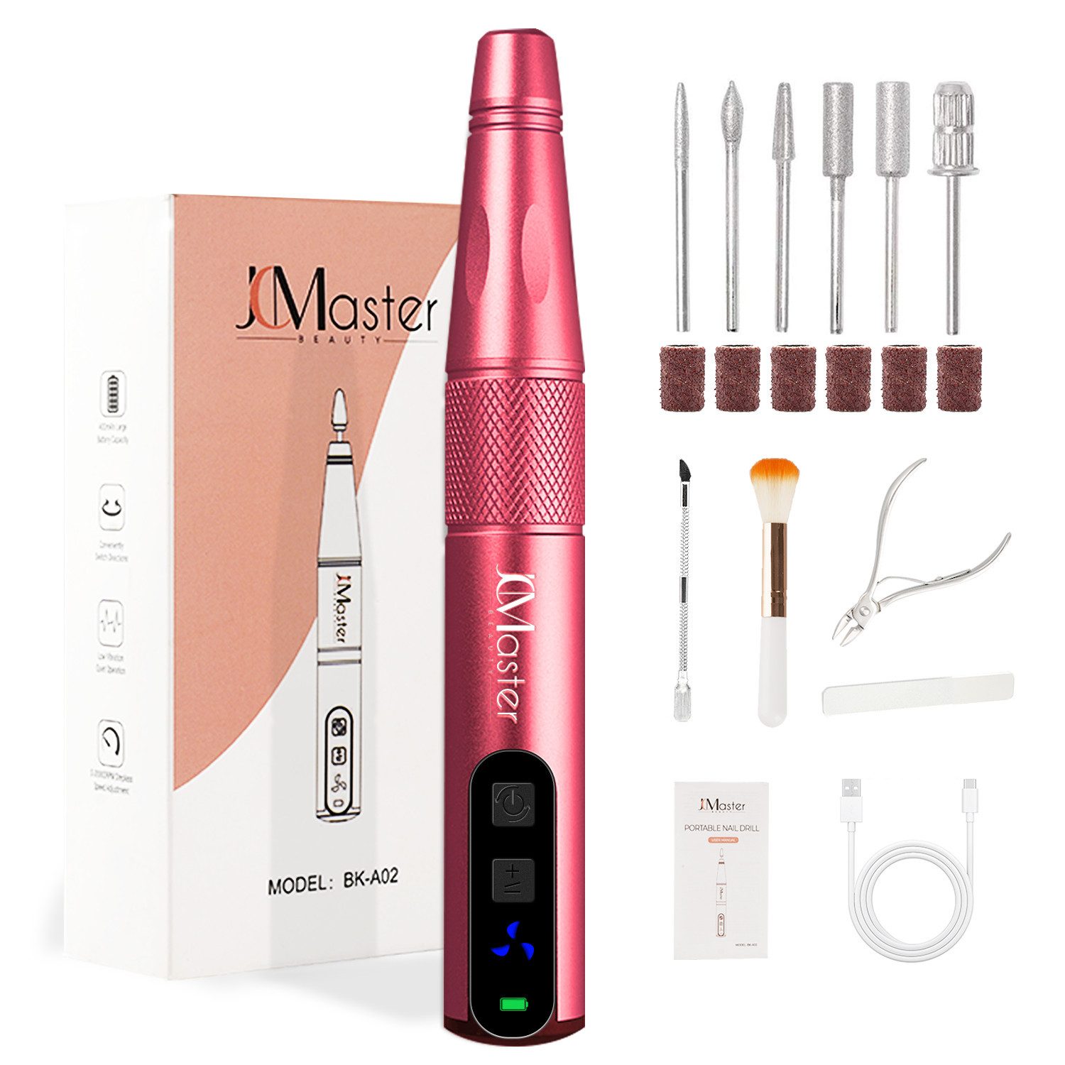 JCMaster Maniküre-Pediküre-Set, Nagelfräser, 12500RPM, USB Aufladen, mit Bohrer-Set