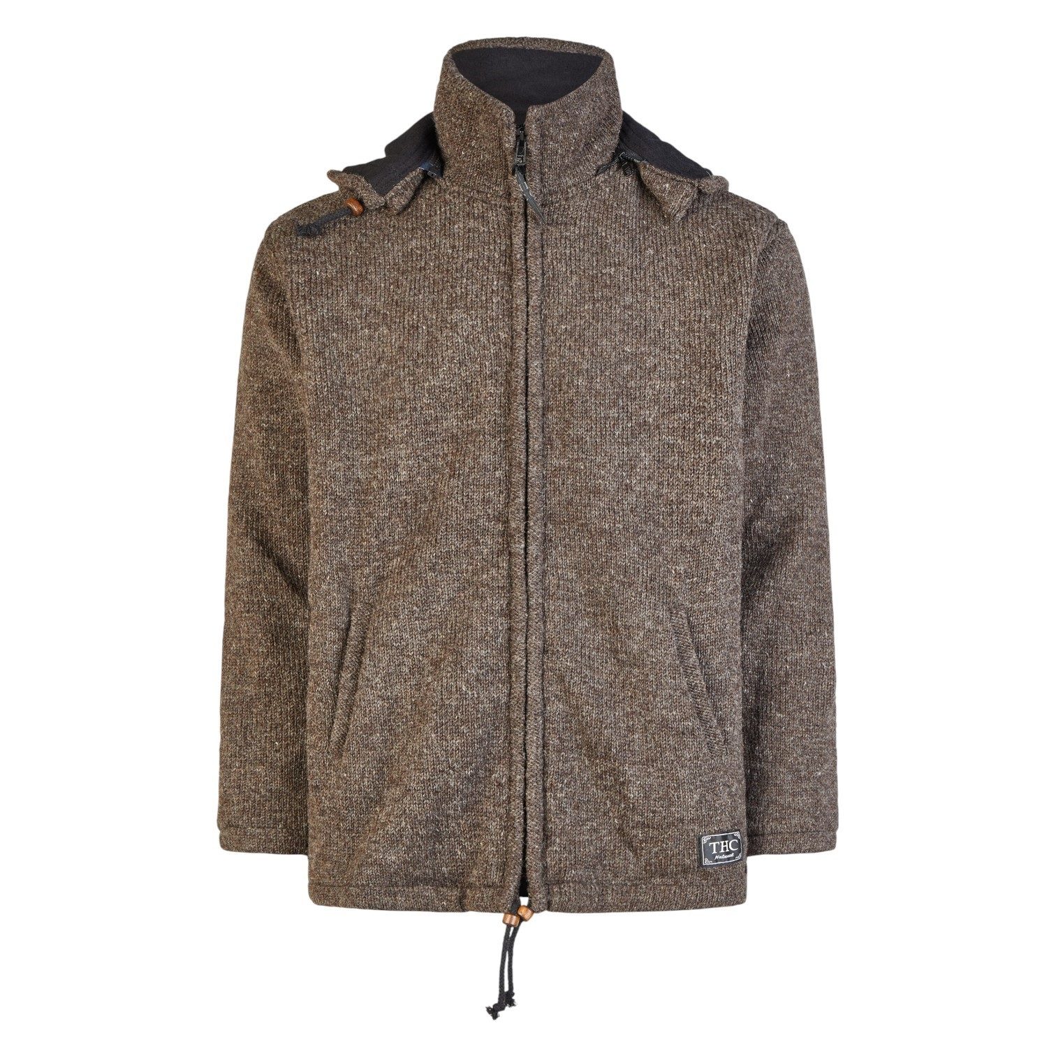 THC Natural Line Strickjacke THC Schafwollstrickjacke Baumwollfutter 856 braun (1 Stück, 1-tlg., 1 Stück) Strickjacke mit abnehmbarer Kapuze