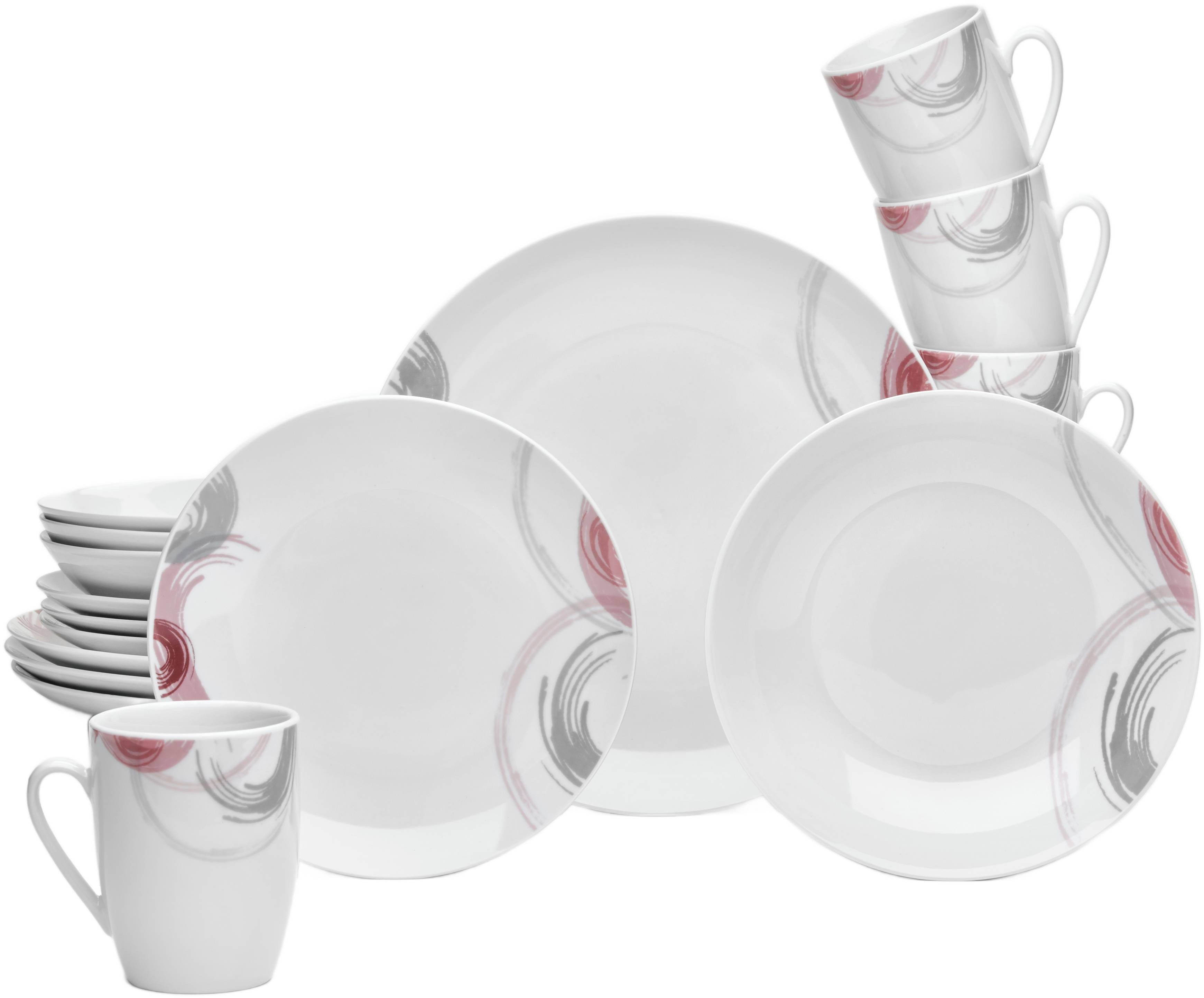van Well Комбинированное обслуживание Geschirr-Set Tonga, 16-teilig, weiß mit Randdekor (16-tlg), 4 Personen, Porzellan, mit Dekor in grau/rose/weinrot, spülmaschinen- und mikrowellengeeignet