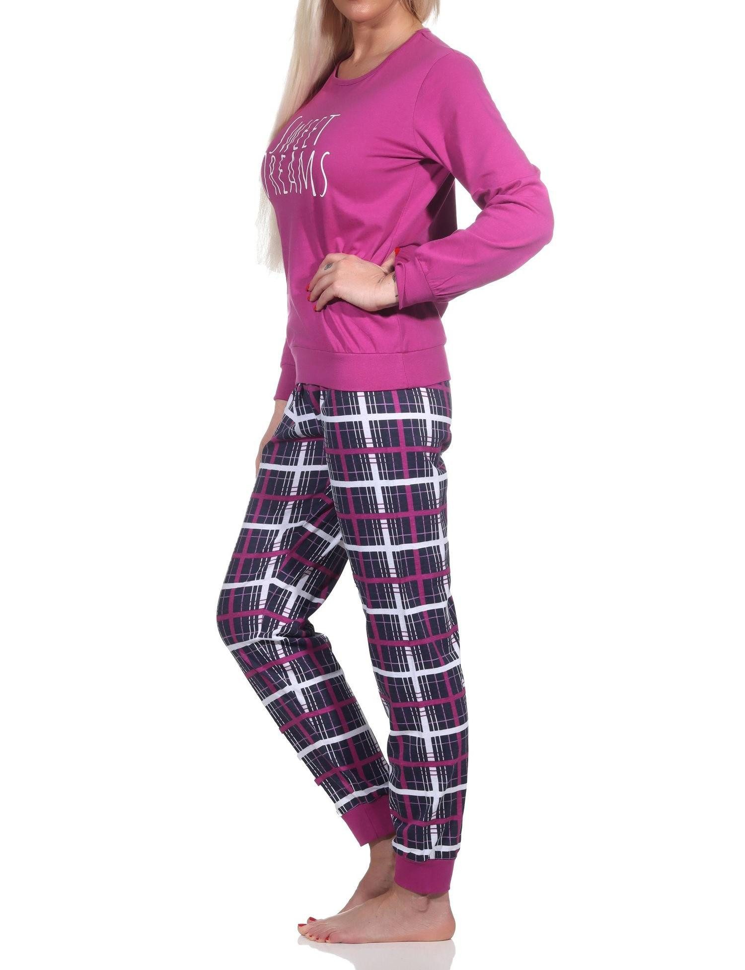 Normann Pyjama Normann Damen Schlafanzug mit Bündchen mit karierter Jersey Hose – Bild 2 von 4