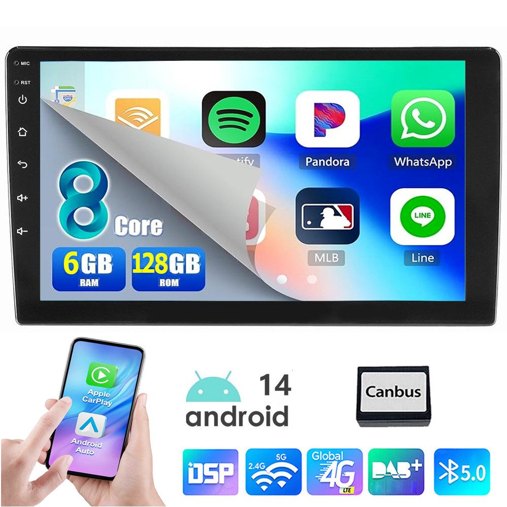 ESSGOO 6+128G 8Kern Android Auto Carplay Doppel Autoradio 9" Android 14 Autoradio (Apple Carplay Android Auto 4G LTE SWC BT EQ GPS Navi WIFI 8-Kern DSP)