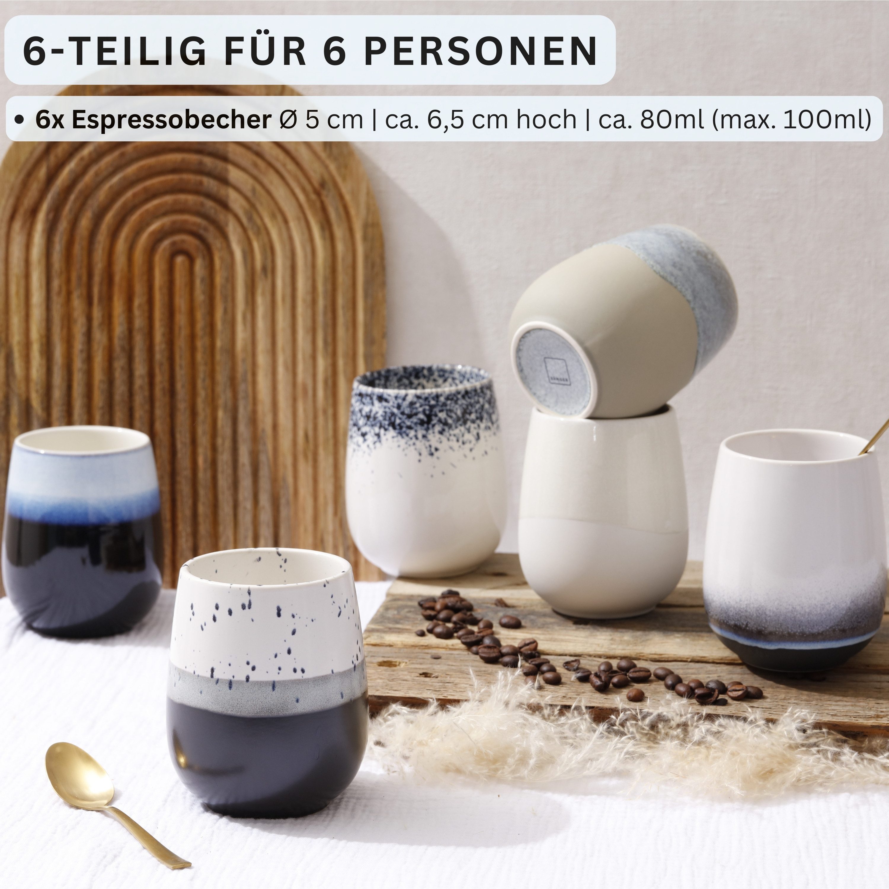 SÄNGER Tasse Siena, Mehrfarbig, 6-tlg., Steingut, 6 tlg. Espressobecher, 80 ml, Handmade, PREMIUM COLLECTION