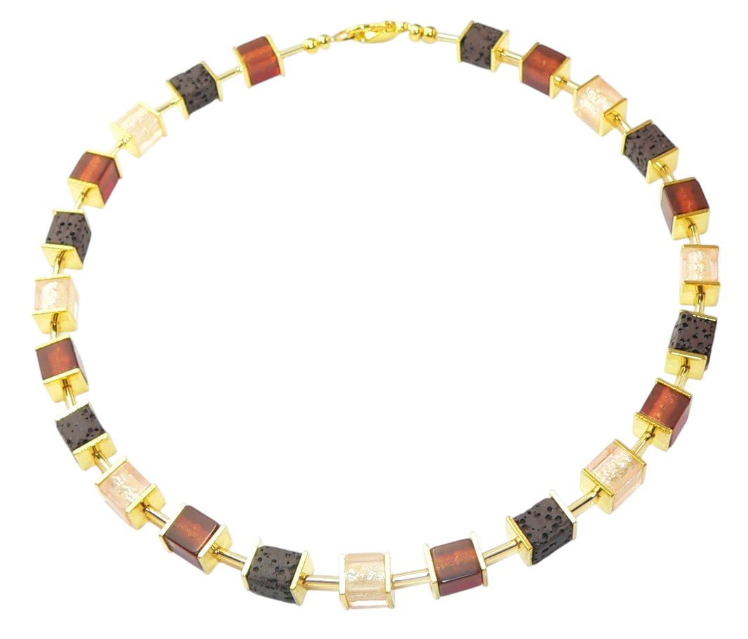 traumschmuck Collier 106a Collier Halskette Würfel Glas Lava Harz beige braun goldfarben (Geschenk, Muttertag, Weihnachten, Geburtstag, Valentinstag, inkl Schmuckbox), Made in Germany, handgefertigt