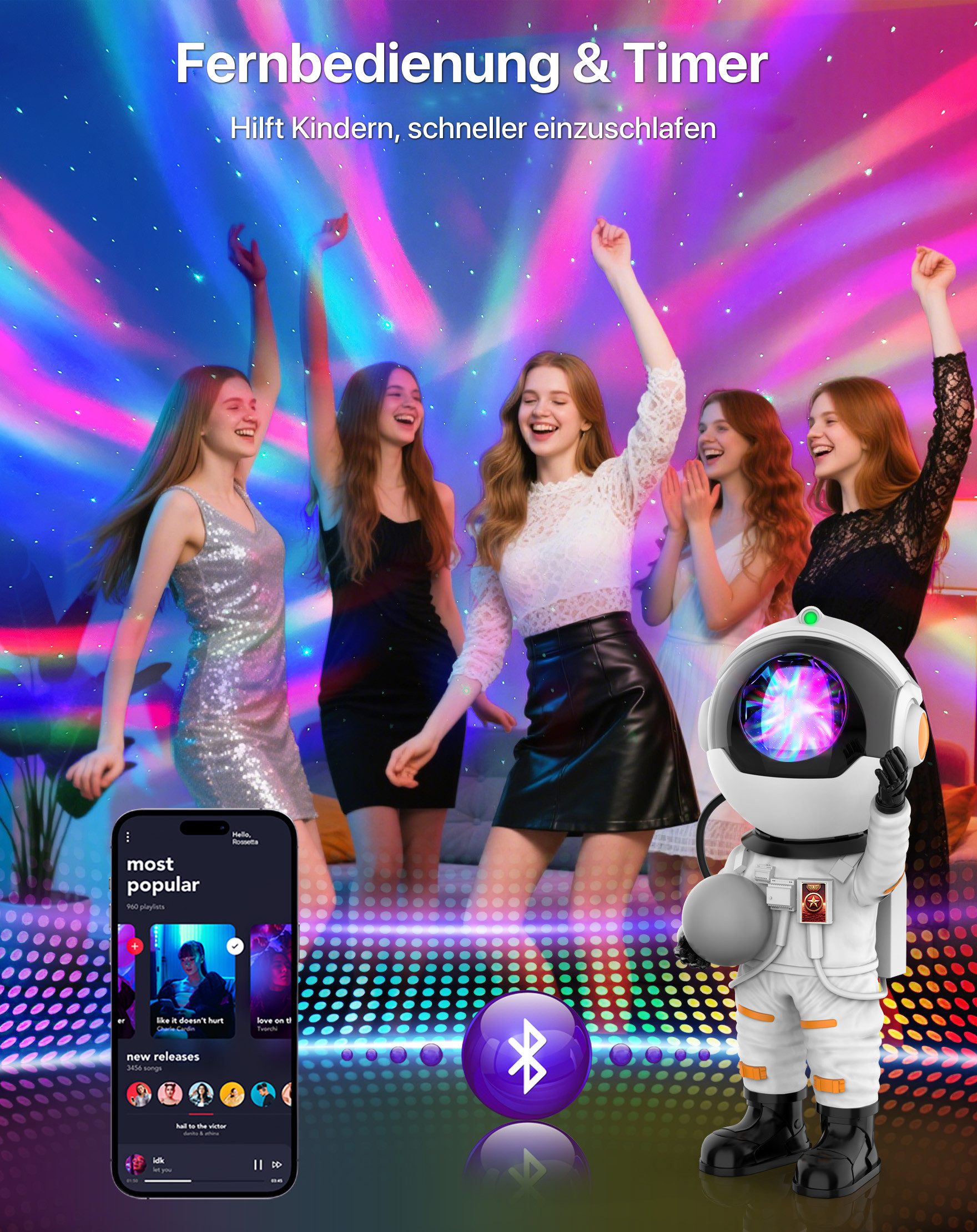 ANYSUN LED-Sternenhimmel Astronaut Sternenhimmel Projektor Nachtlicht für Kinder, Nachthimmel Lichtprojektor Lampe mit Bluetooth, Timer, Fernbedienung, Sternenlicht mit 29 Farben 15 Einschlafmusik Für Schlafzimmer Decke