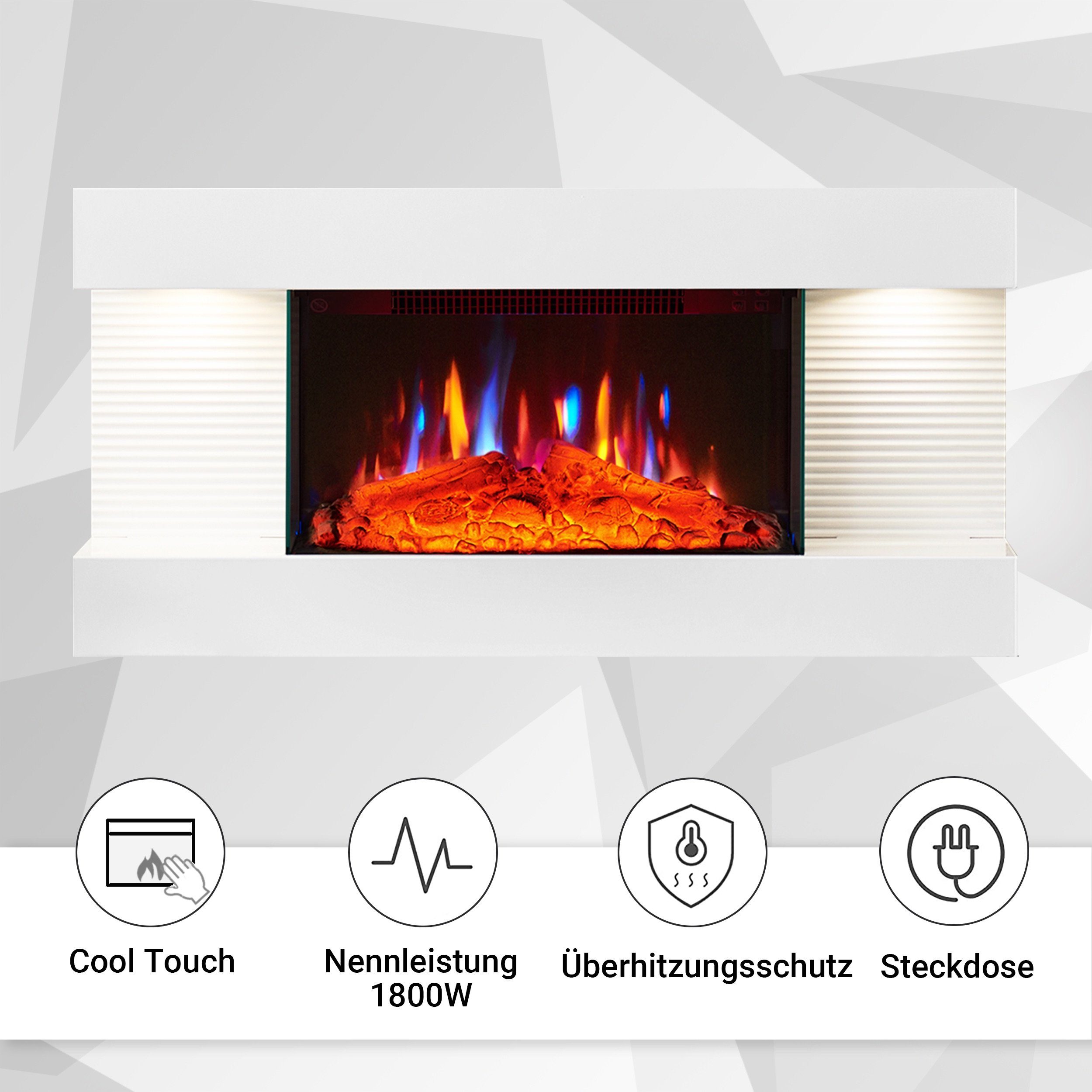 Timer, Flammeneffekt, Fernbedienung, Thermostat Elektrokamin Heizung 3D Balderia mit 1800W, Wandkamin Ida,