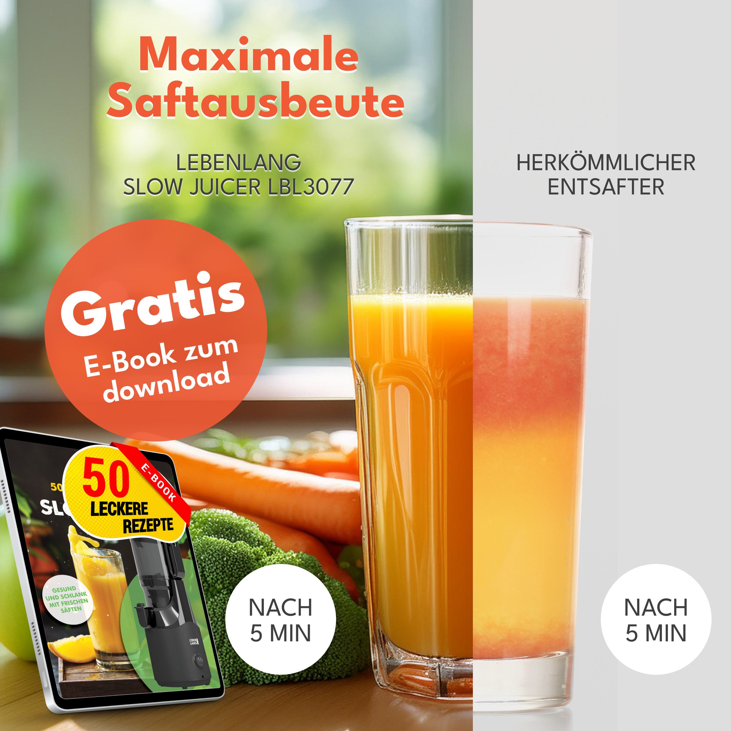 Lebenlang Slow Juicer Entsafter mit großer Öffnung, Für ganze Früchte und Gemüse, Rezepte, 250 W, BPA-Frei, Hohe Saftausbeute, Erhalt der Nährstoffe