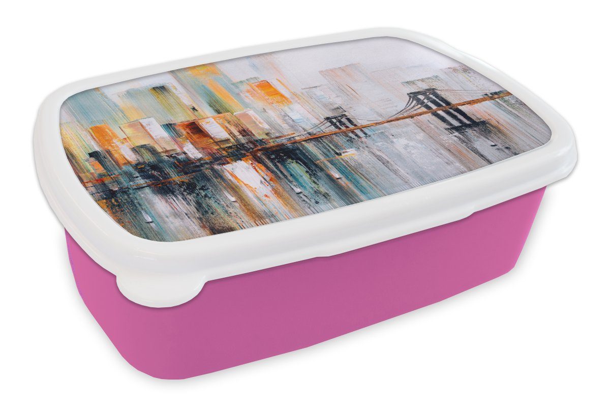 MuchoWow Lunchbox Mädchen, Abstrakt, - Snackbox, für Brotbox - Kunststoff Skyline Brotdose Ölgemälde Kunststoff, (2-tlg), Kinder, rosa Erwachsene