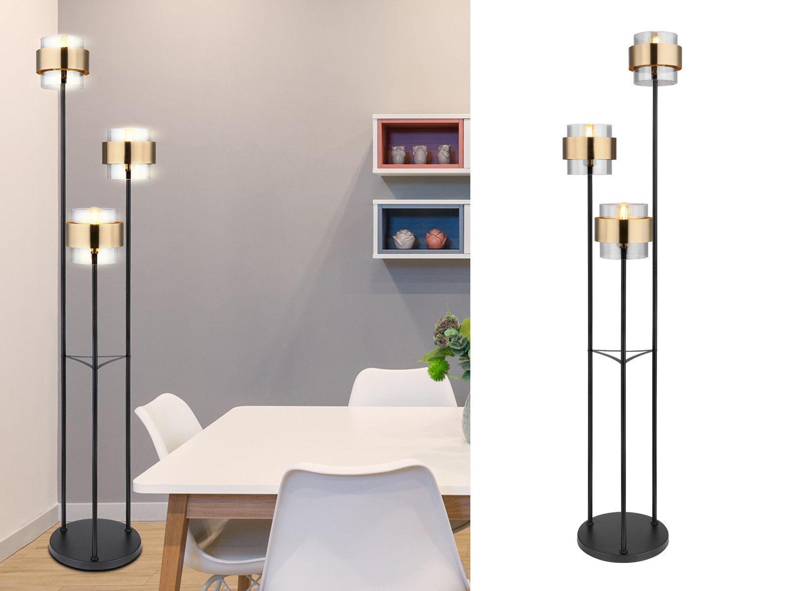 stufenweise meineWunschleuchte Höhe LED warmweiß, Rauchglas modern-e 167cm LED über Gold-en, wechselbar, Stehlampe, Fußschalter Designer Leuchtmittel dimmbar, dimmbar ausgefallen-e