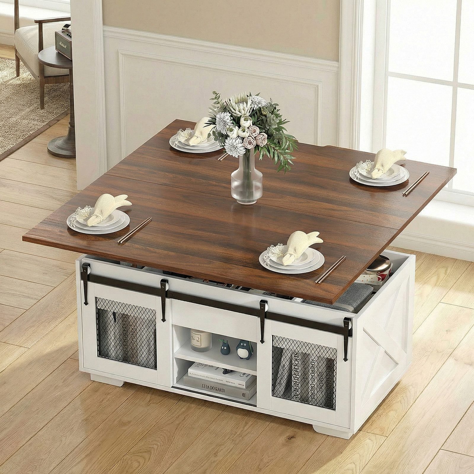 VOWNER Couchtisch mit klappbarer Tischplatte, Höhenverstellung & Stauraum (1-St), 3-in-1-Multifunktions-Wohnzimmertisch