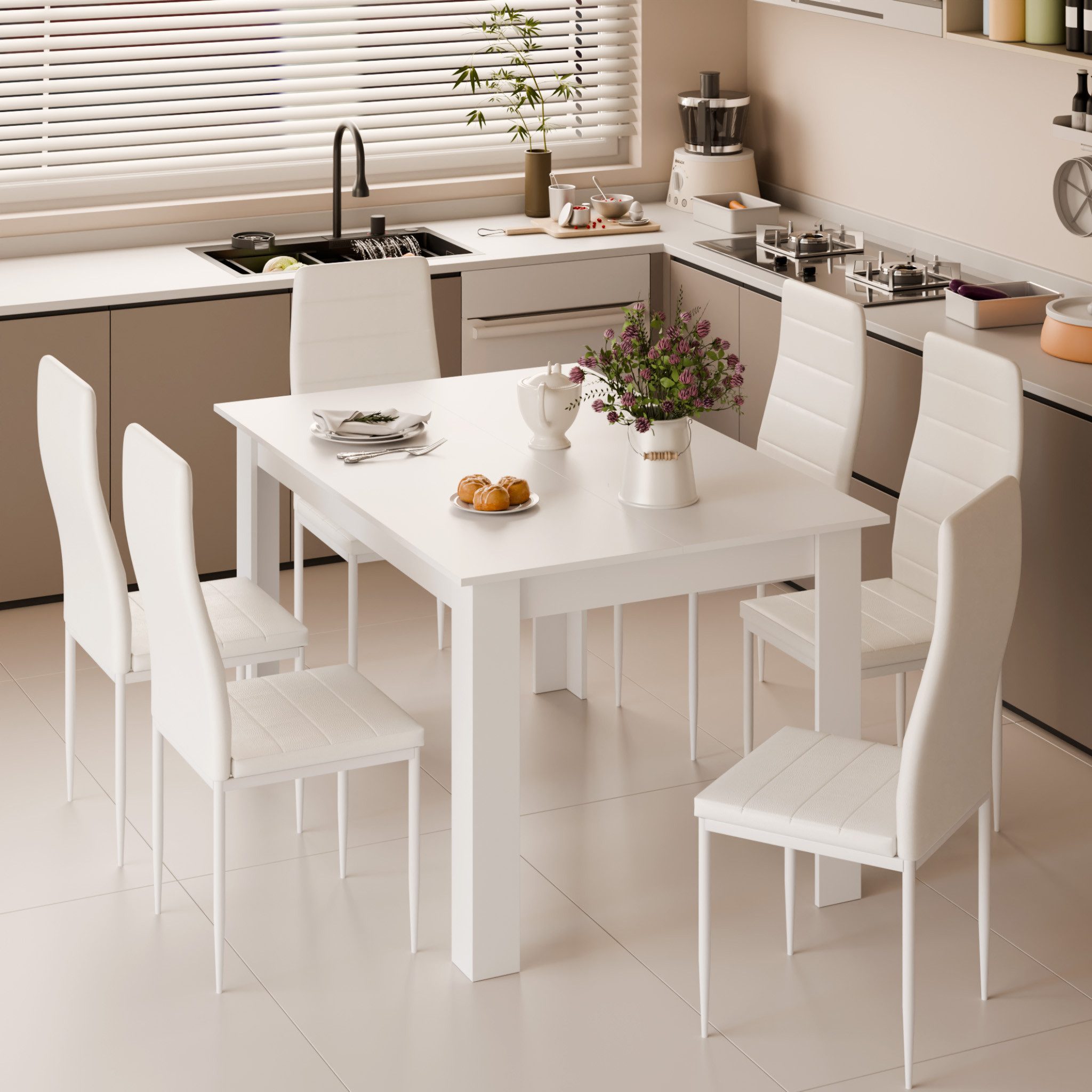 Mondeer Essgruppe Esszimmergruppe (Set, 7-tlg), 1 Tische mit 6 weiß Stühlen