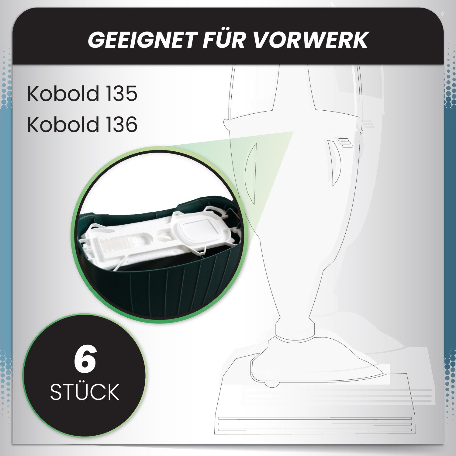 McFilter Staubsaugerbeutel (6 Stück), passend für Vorwerk Kobold 135, 136, 135SC, VK 135 und VK 136, 6 St., 5-lagiger Staubbeutel aus Vlies, mit Hygieneverschluss