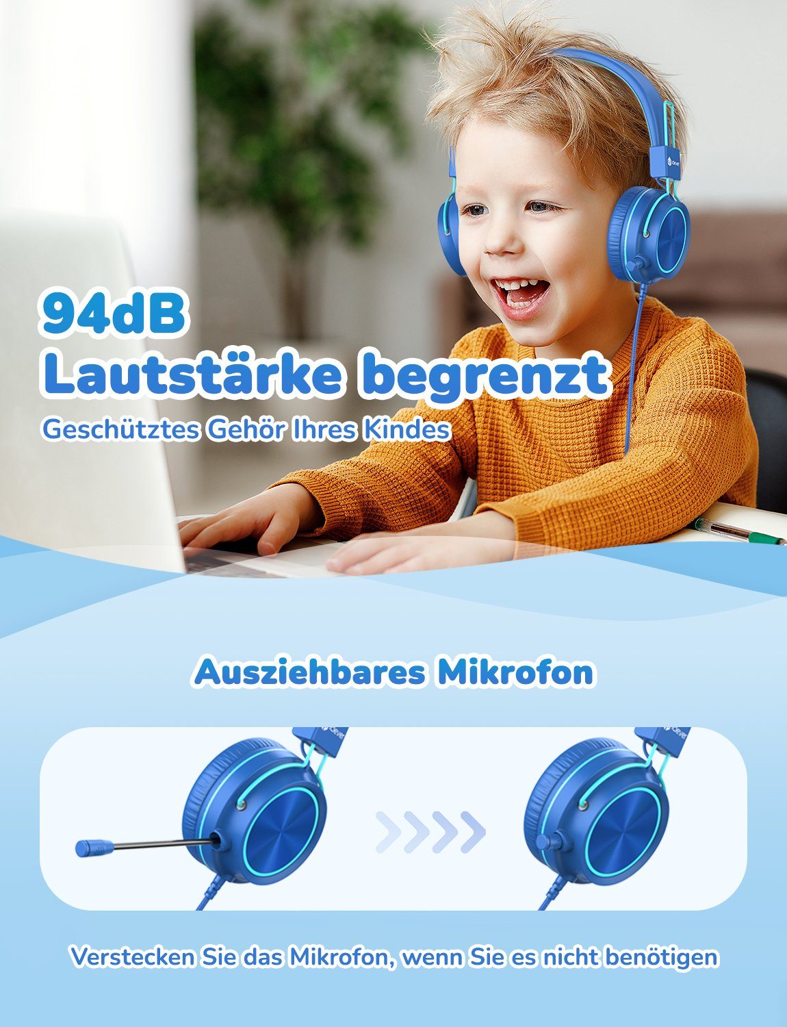 Verdrahtet) IC-HS21 360° On-Ear-Kopfhörer Kinder Drehbar Bluetooth Volume (Mit iclever Limit Kopfhörer mit 95dB Mikrofon,