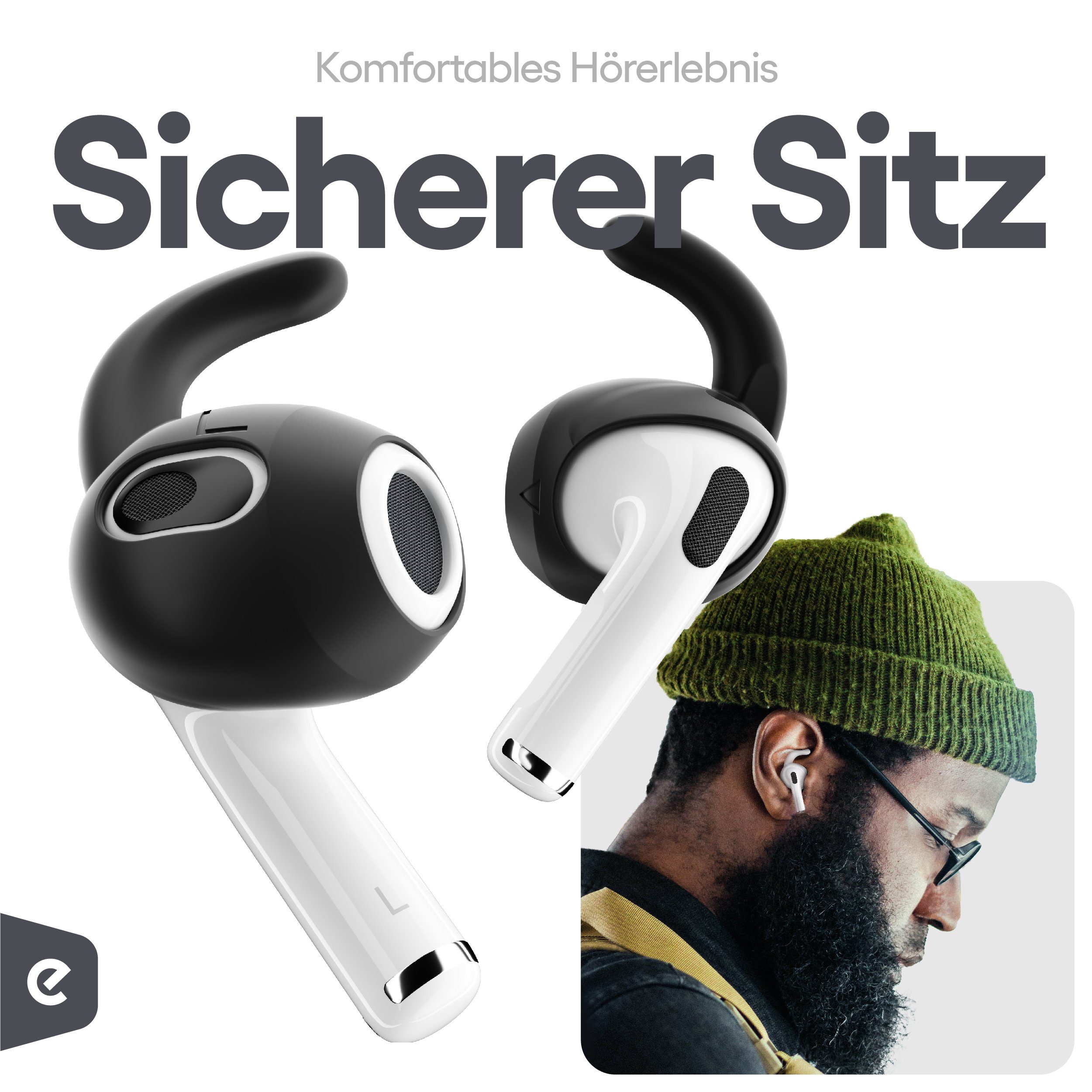 KeyBudz EarBuddyz Ohrhaken für 3 schwarz (Sicherer Halt Ohrpolster für 3) Apple AirPods AirPods