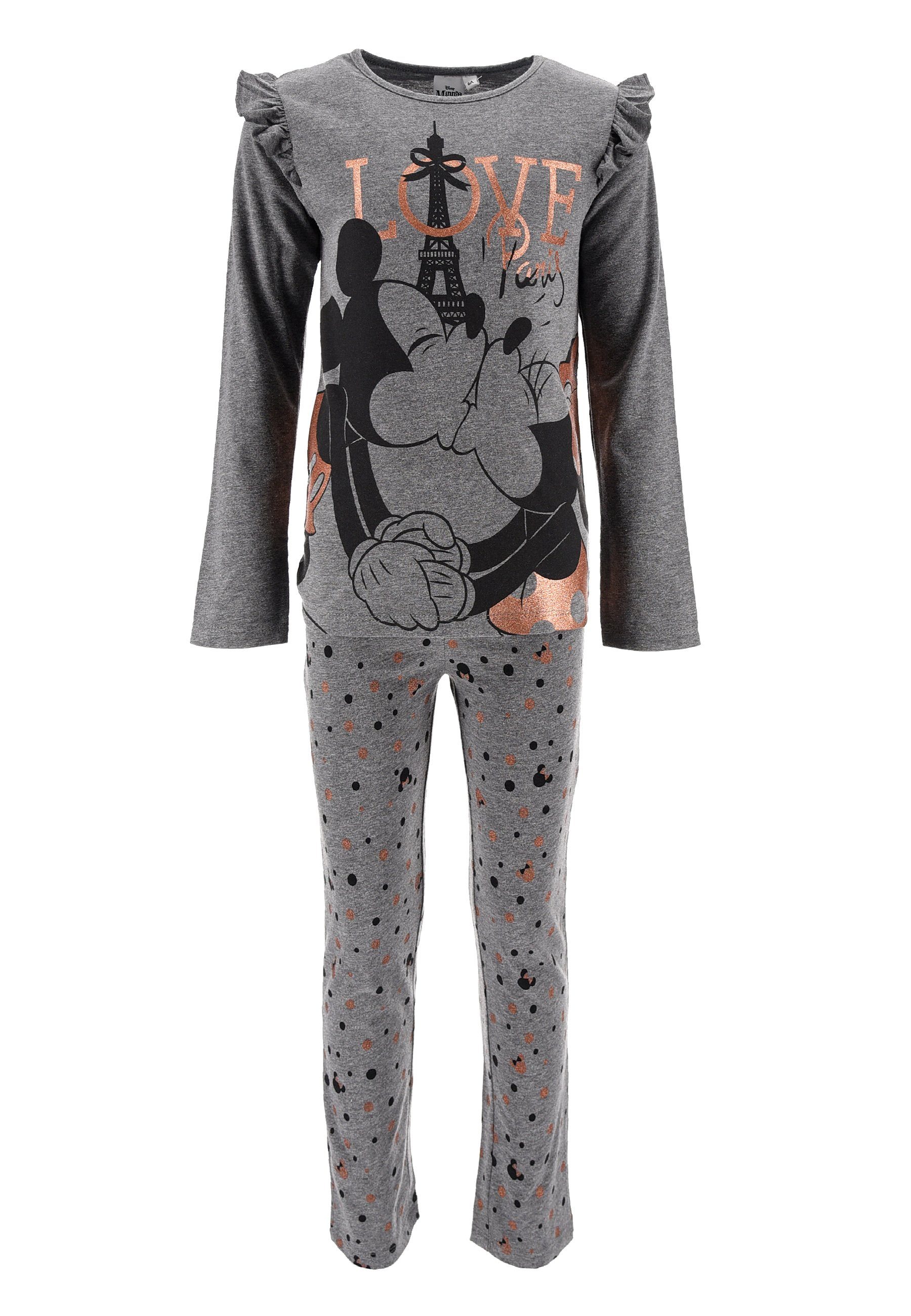 Disney Minnie Mouse Schlafanzug Kinder Mädchen Schlafanzug Kinder Pyjama Langarm Shirt + Schlaf-Hose (2 tlg) Mini Maus Grau | Pyjamas
