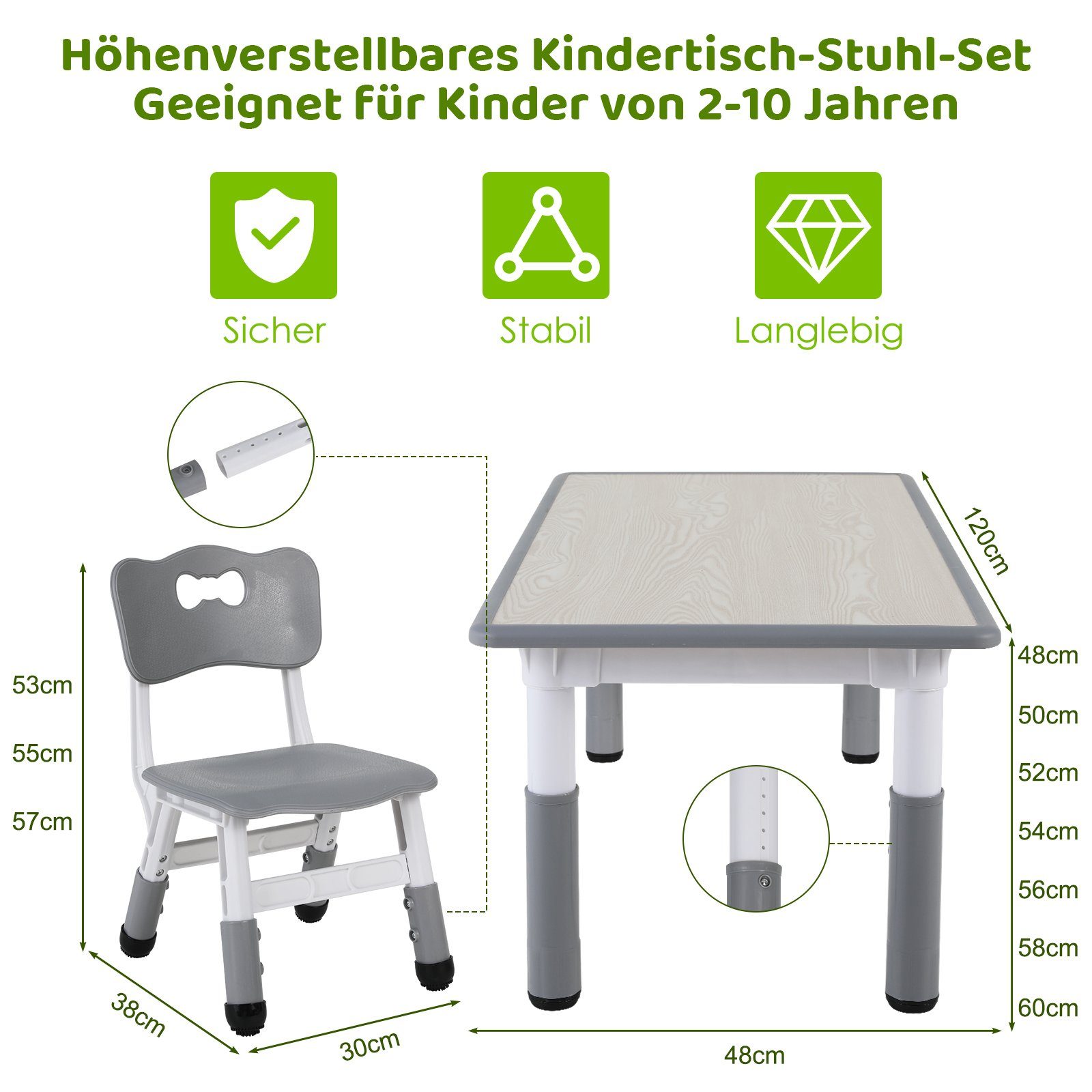 TLGREEN Kindersitzgruppe Kindertisch mit 4 Stühlen, (5-tlg), Kindermöbel, Quadratischen Tisch Höhenverstellbar Plastik