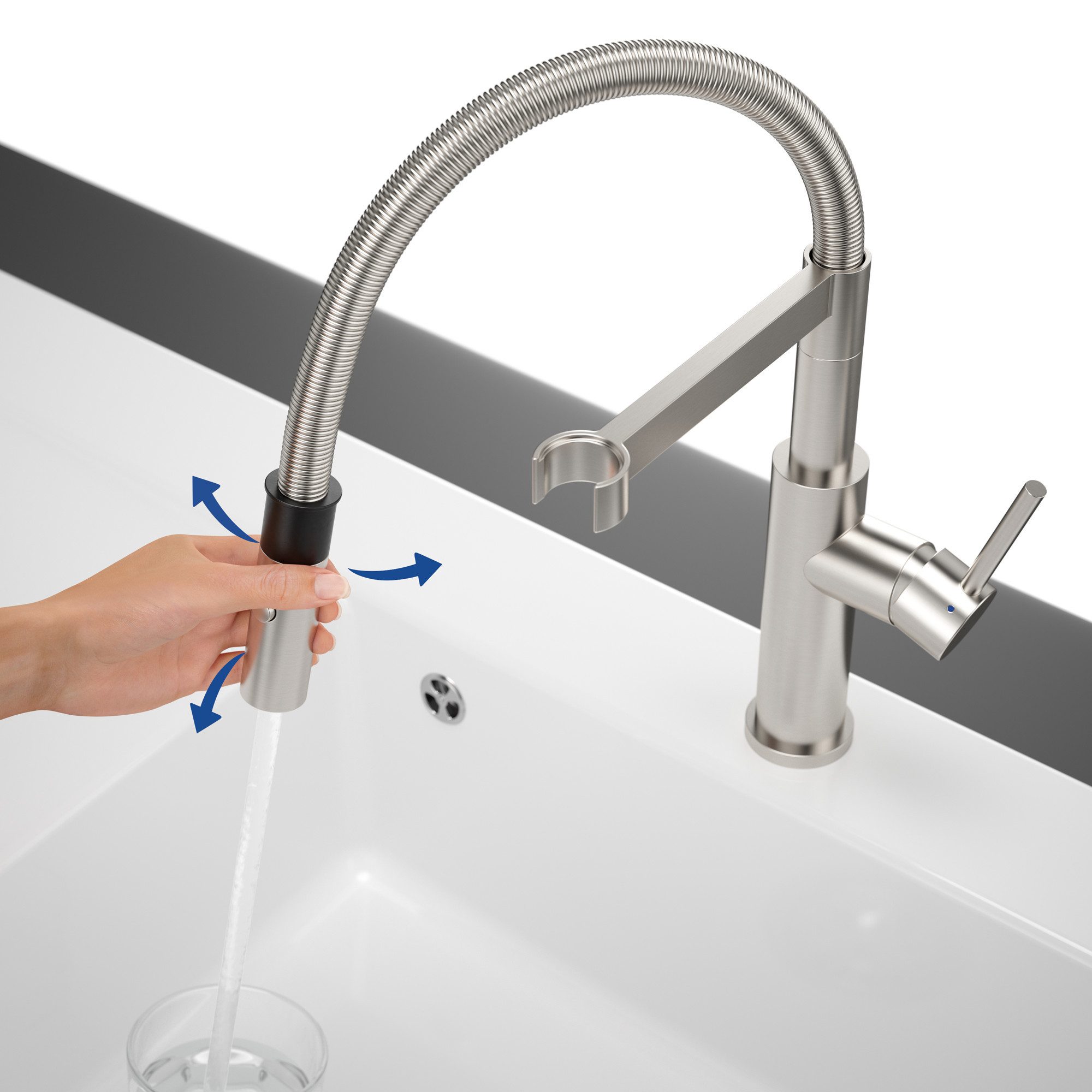 Villeroy & Boch Küchenarmatur Steel Expert 2.0 mit verstellbaren Strahlarten (magnetischer Sprühkopf, spritzarmes Arbeiten dank Laminarstrahl) Hochdruck-Armatur mit viel Komfort, Umschaltfunktion, wassersparend