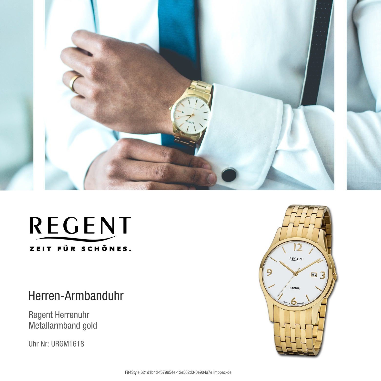 Regent Armbanduhr (ca. Herren Metall Regent Quarzuhr Metallarmband GM-1618 Quarz, Uhr mittel rund, Herren 38mm),