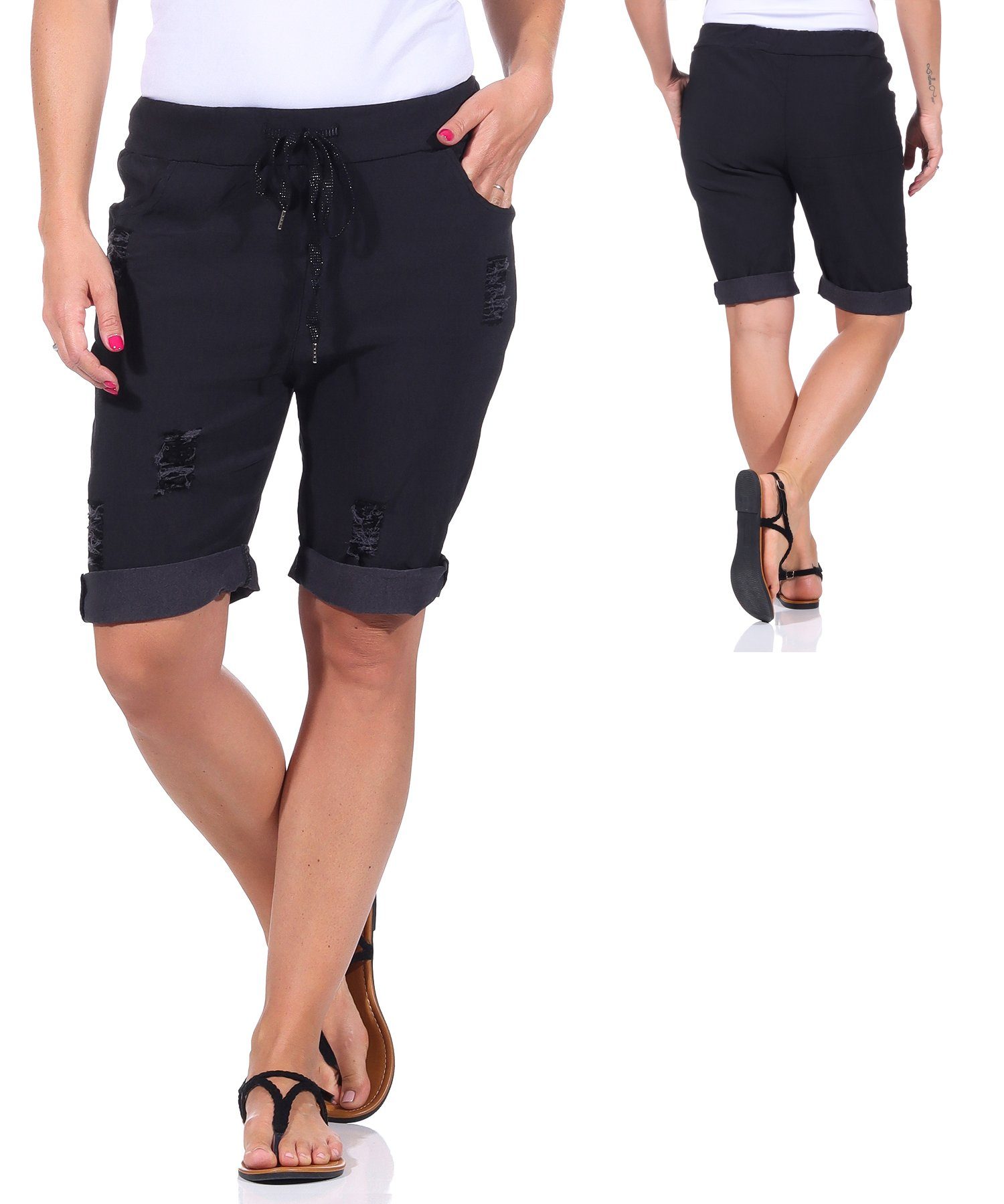 kurze leichten Look Stretch Schwarz Damen basic, Distressed elastisch, Damenmode Aurela im Strandshorts Hose Sommerliche Bermuda casual, für