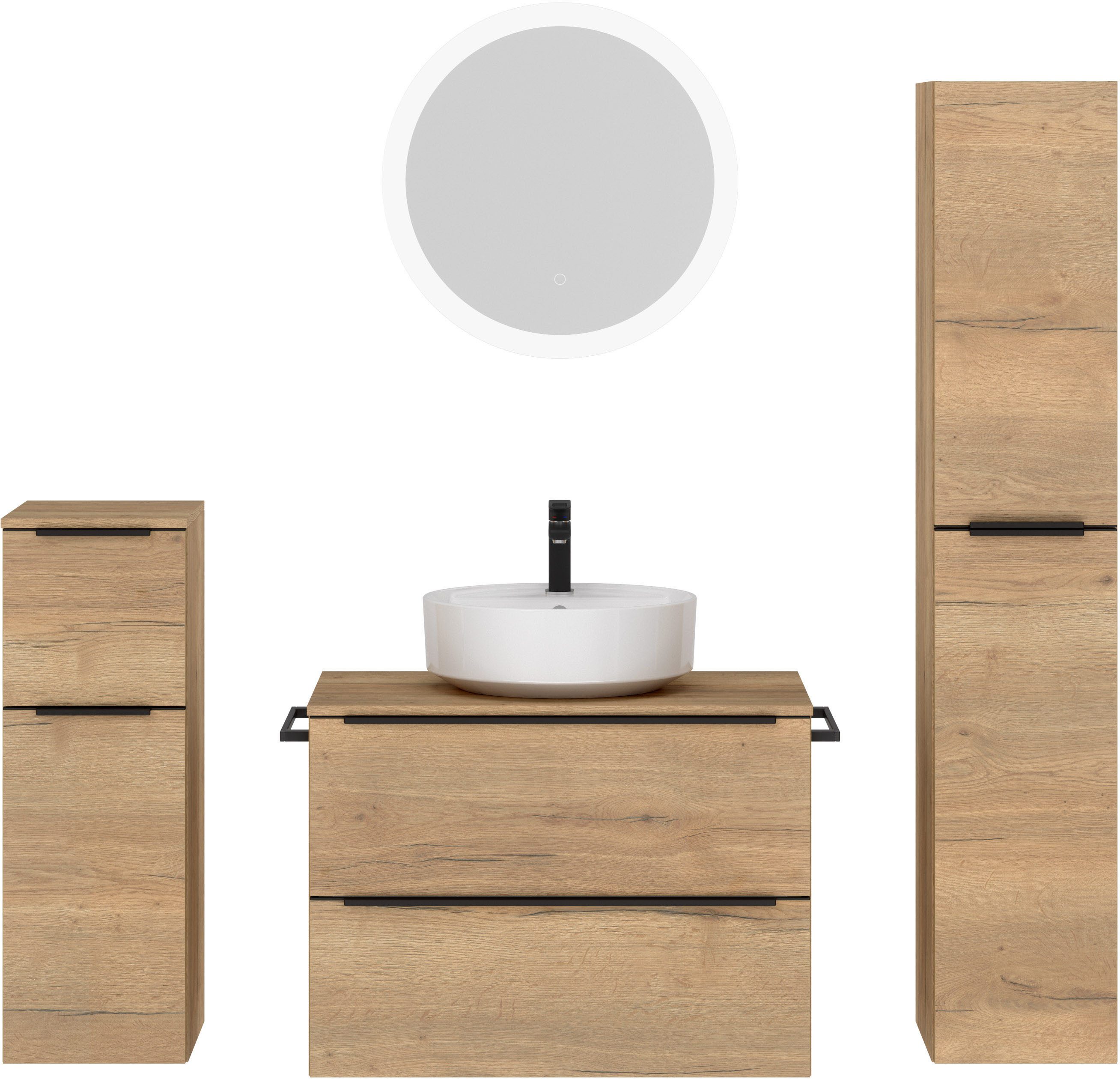 nobilia® Badmöbel-Set Alvene, (4-St., vormontiert, mit Soft-Close), inkl. Spiegel mit Touch-Sensor, in vier Breiten