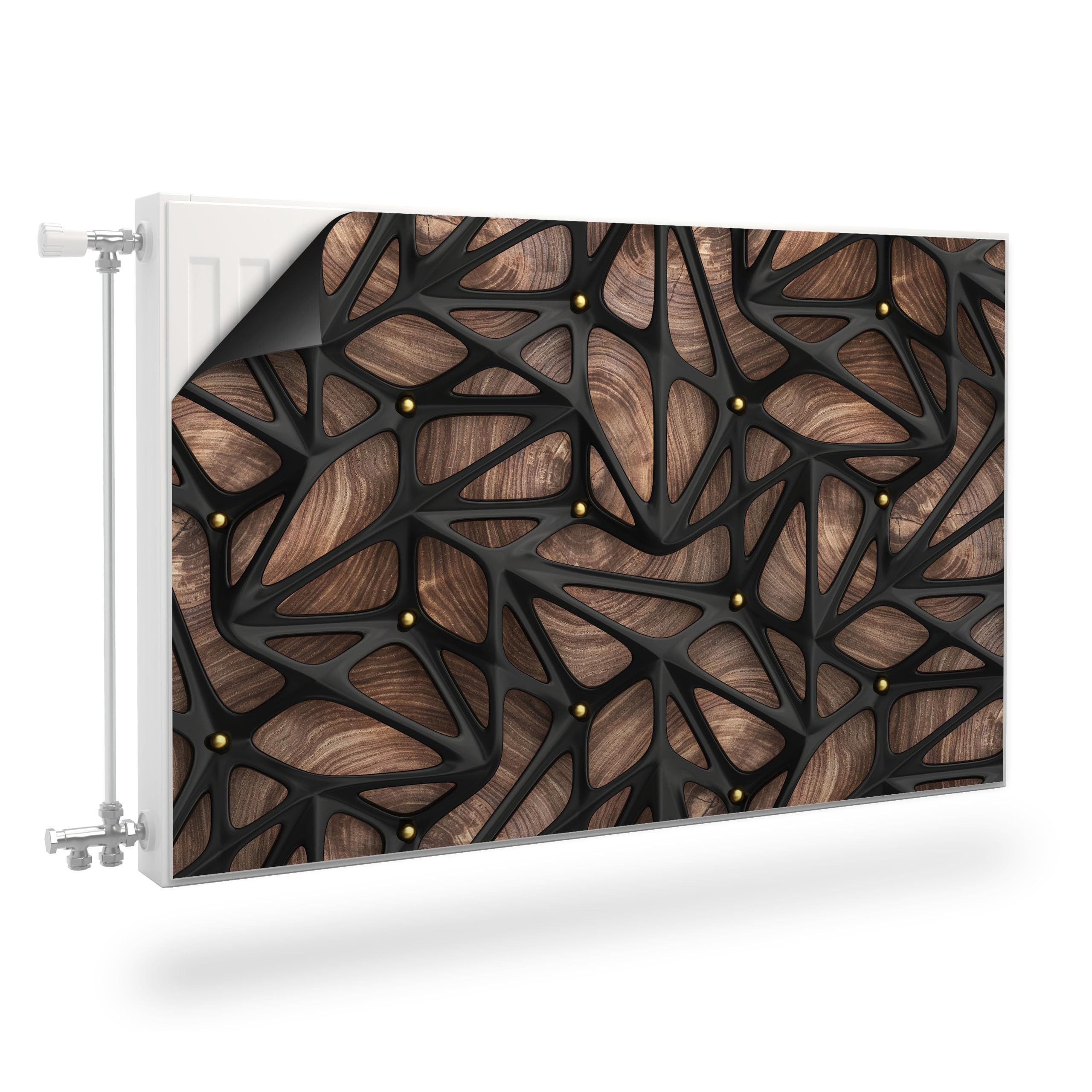 Muralo Magnetfolie Heizkörperverkleidung Holzoptik – Heizkörperabdeckung magnetisch, Schwarzes Mosaik auf Holz – 80x60 cm, abriebfest, abwischbar