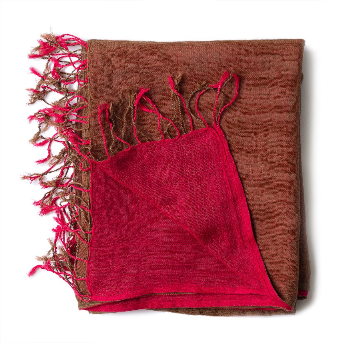 elegantes Halstuch braun auch Schultertuch oder Schal als kleinen farbigen PANASIAM Fransen mit zweifarbig tragbar, Stola Baumwolle schönen aus Designs in rot