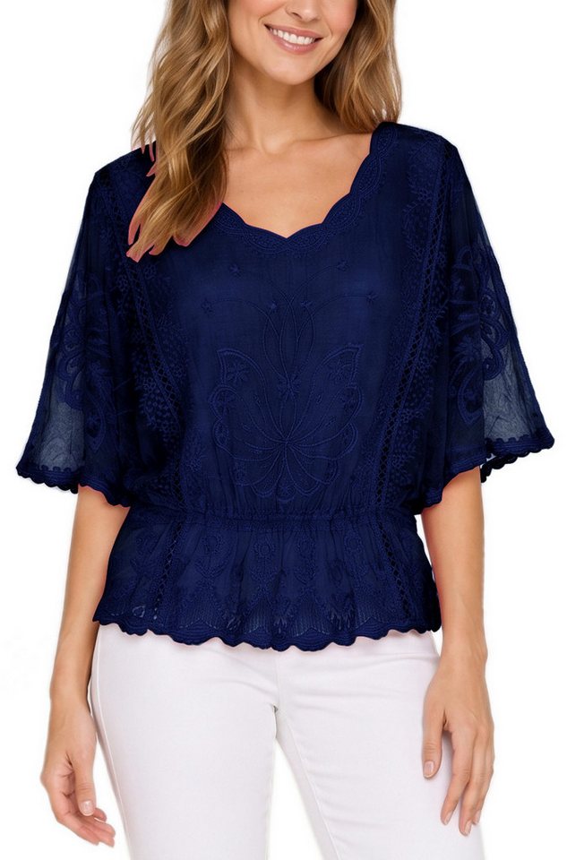 dy_mode Spitzenbluse Damen Sommerbluse mit Spitze Kurzarm Oberteil Einfarbig Transparent in Unifarbe, transparenten Ärmel