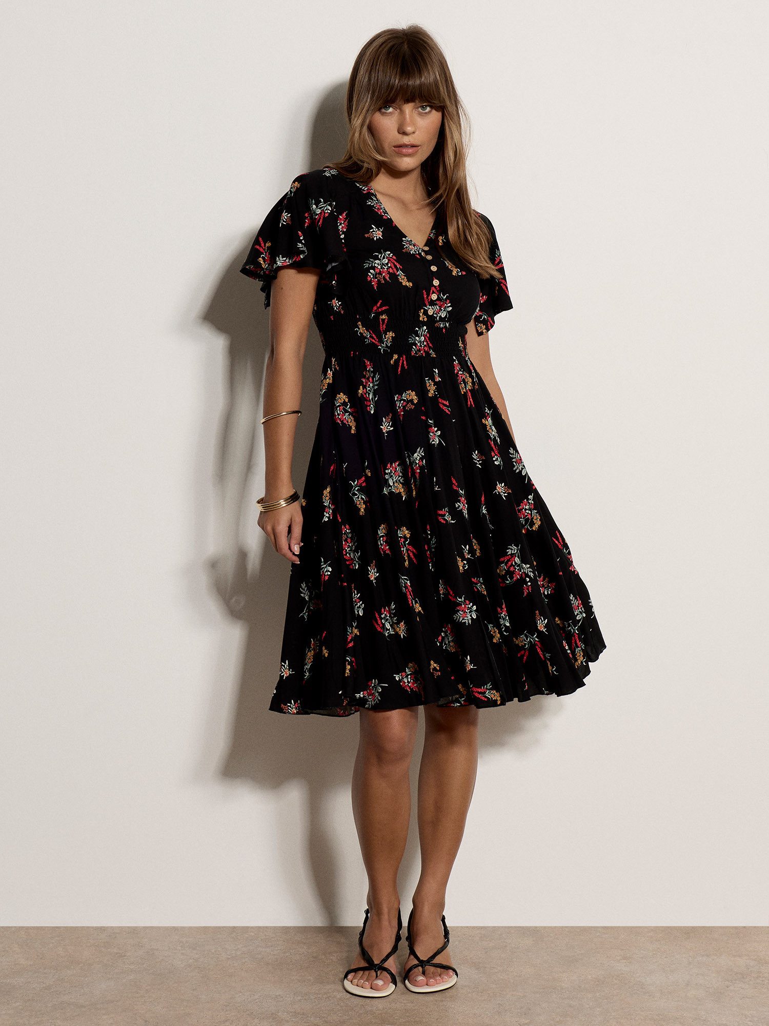 Apricot Midikleid Geblümtes Midi-Kleid mit Smokdetails