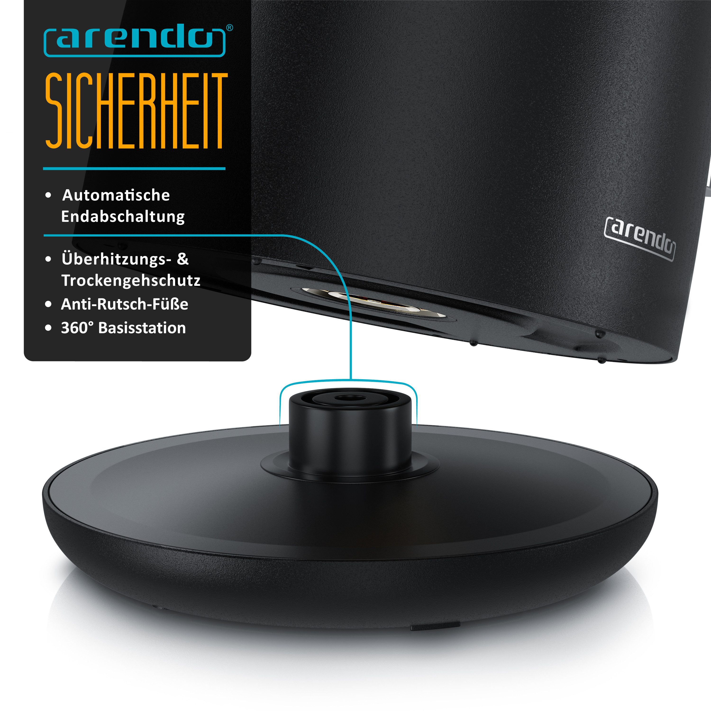 Arendo Wasserkocher aus Edelstahl, 360° Controller, Doppelwand-Design, schwarz matt, 1,5 l, 2200 W, Teekocher, Cool-Touch-Griff, Überhitzungsschutz, BPA-frei, k – Bild 5 von 5