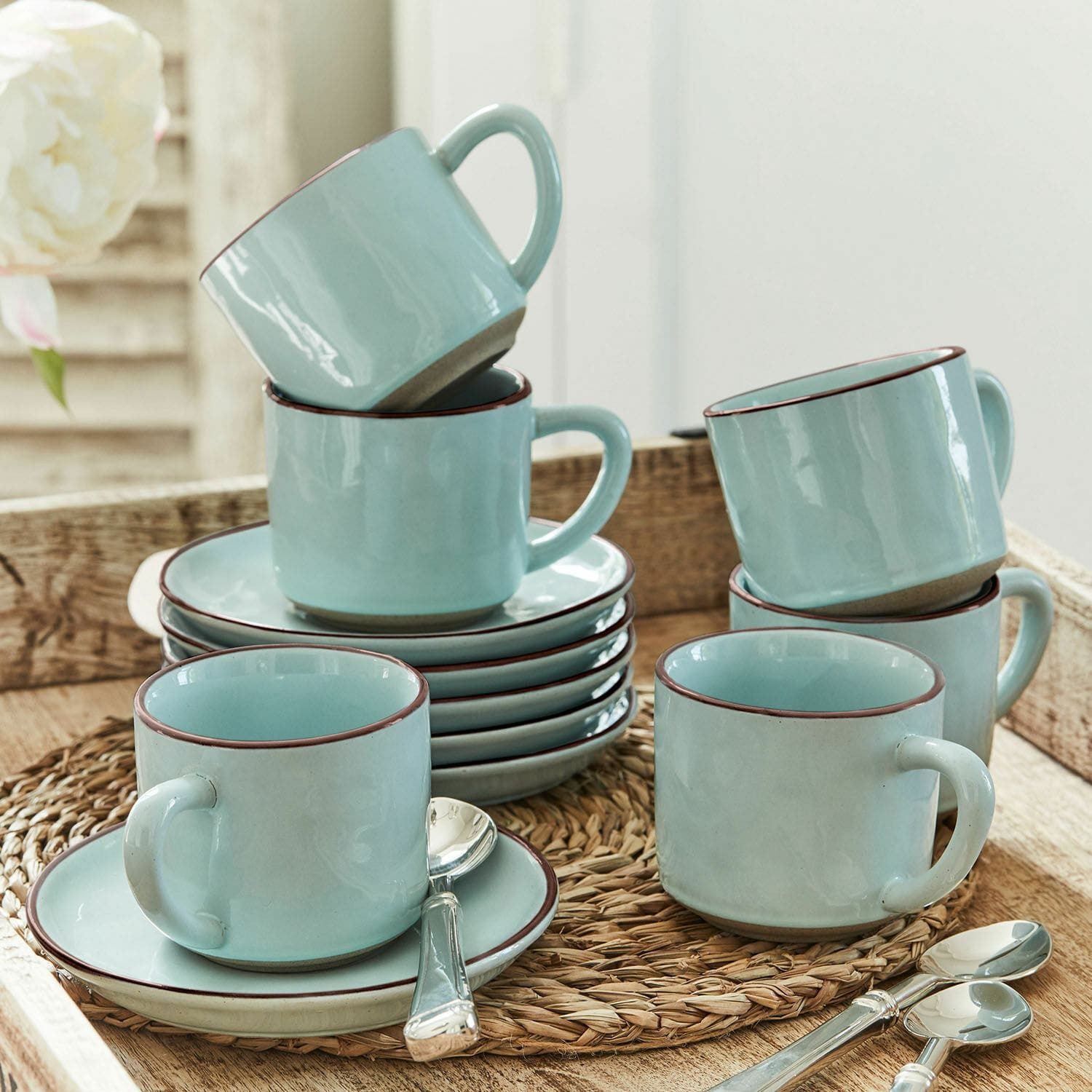 Mirabeau Geschirr-Set Tasse mit Untertasse 6er Set Biarré türkis, Steinzeug