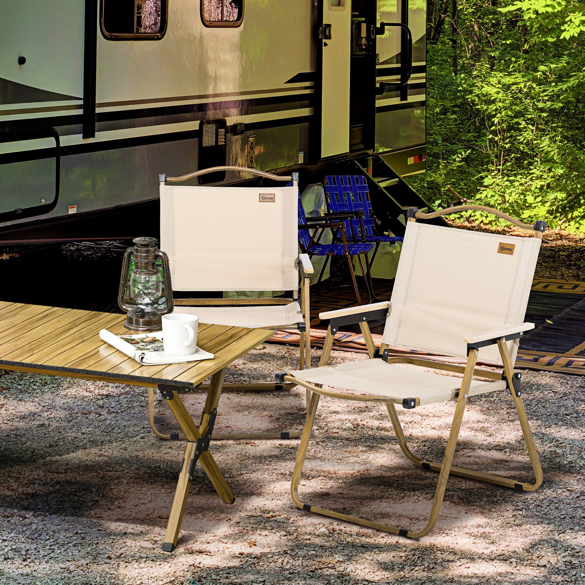 Outsunny Campingstuhl faltbarer Gartenstuhl mit Stahlrahmen (Holzoptik, Klappsessel für Pool, Strand, 2 St), Oxfordstoff, Khaki